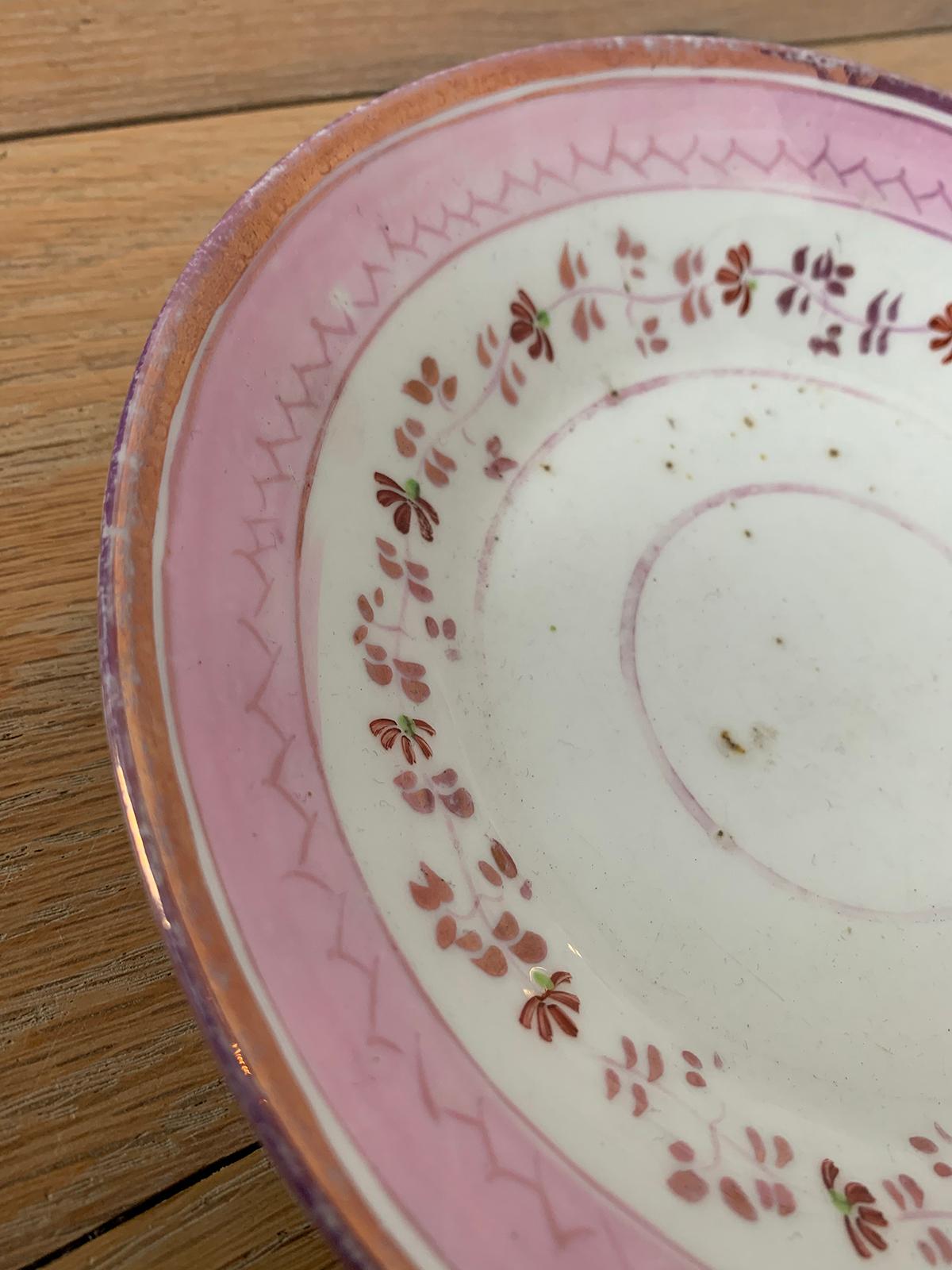 19th Century English Pink Floral Lusterware Round Porcelain Plate, Unmarked For Sale 2