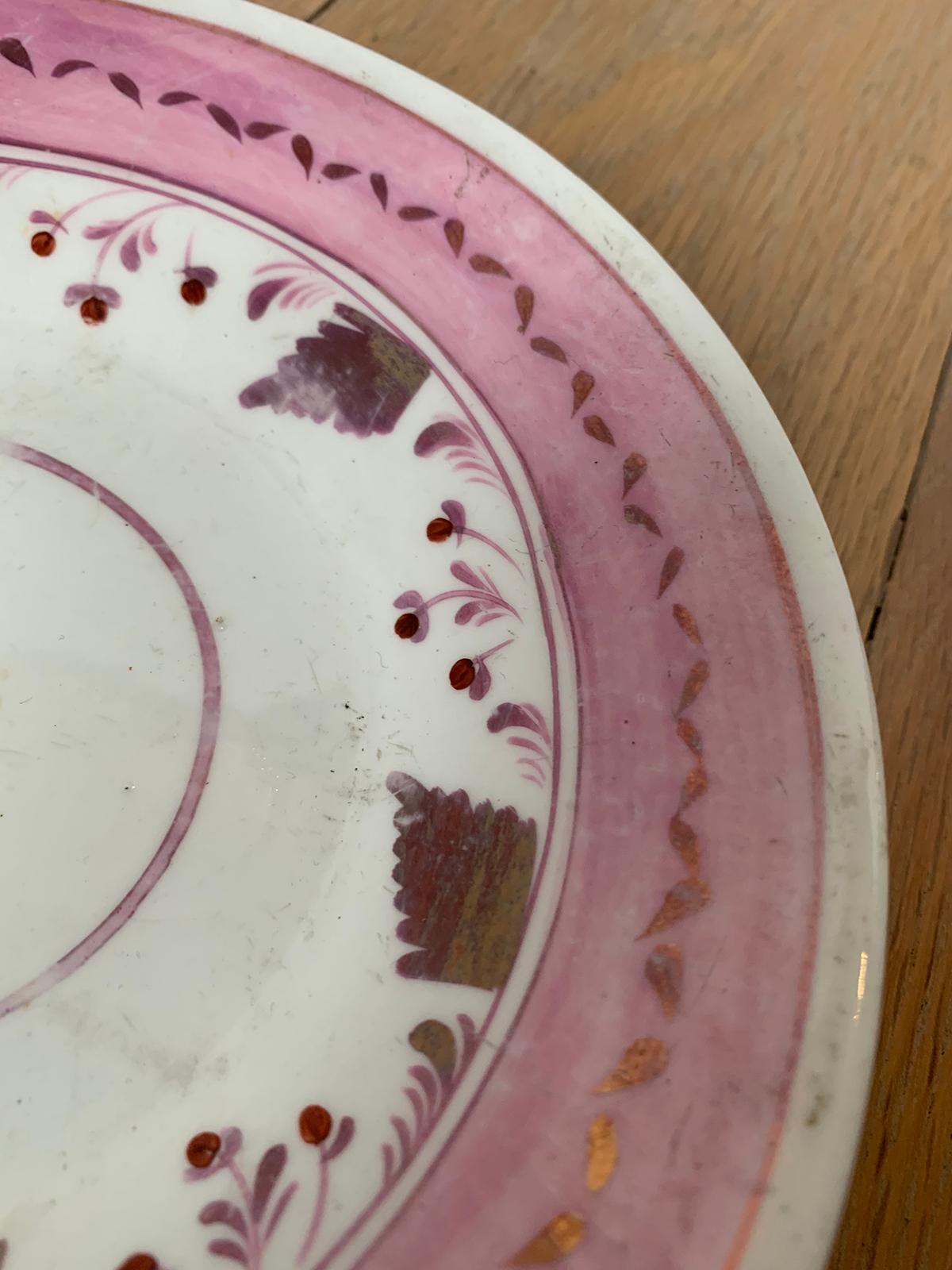 19th Century English Pink Floral Lusterware Round Porcelain Plate, Unmarked In Good Condition For Sale In Atlanta, GA