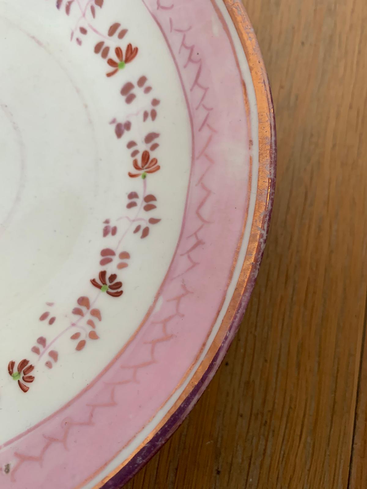 19th Century English Pink Floral Lusterware Round Porcelain Plate, Unmarked For Sale 4