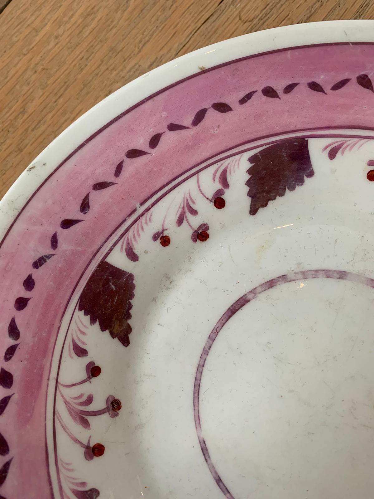 19th Century English Pink Floral Lusterware Round Porcelain Plate, Unmarked For Sale 1