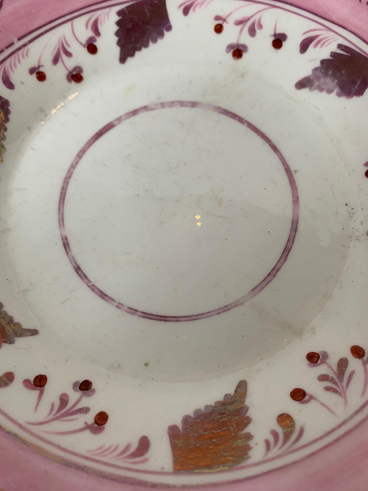 19th Century English Pink Floral Lusterware Round Porcelain Plate, Unmarked For Sale 2
