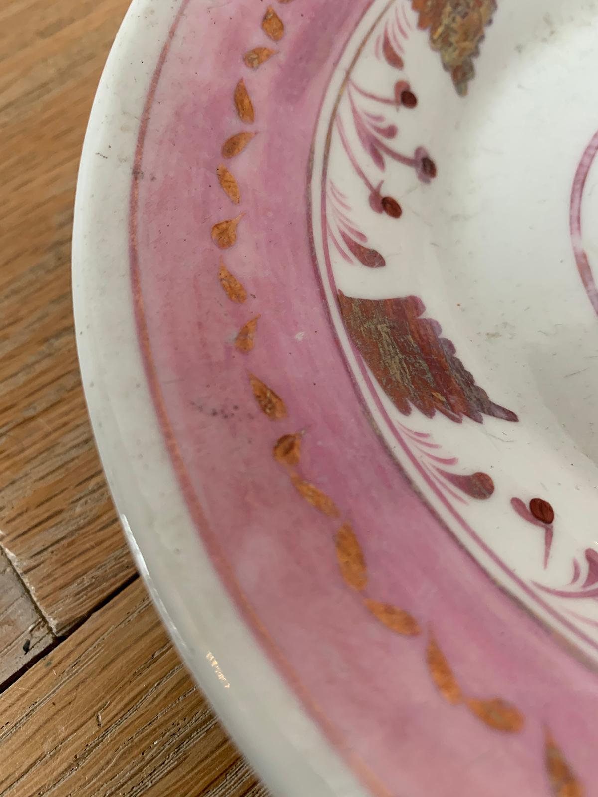 19th Century English Pink Floral Lusterware Round Porcelain Plate, Unmarked For Sale 3