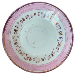 19th Century English Pink Floral Lusterware Round Porcelain Plate, Unmarked