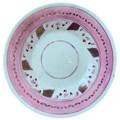 Antique 19th Century English Pink Floral Lusterware Round Porcelain Plate, Unmarked