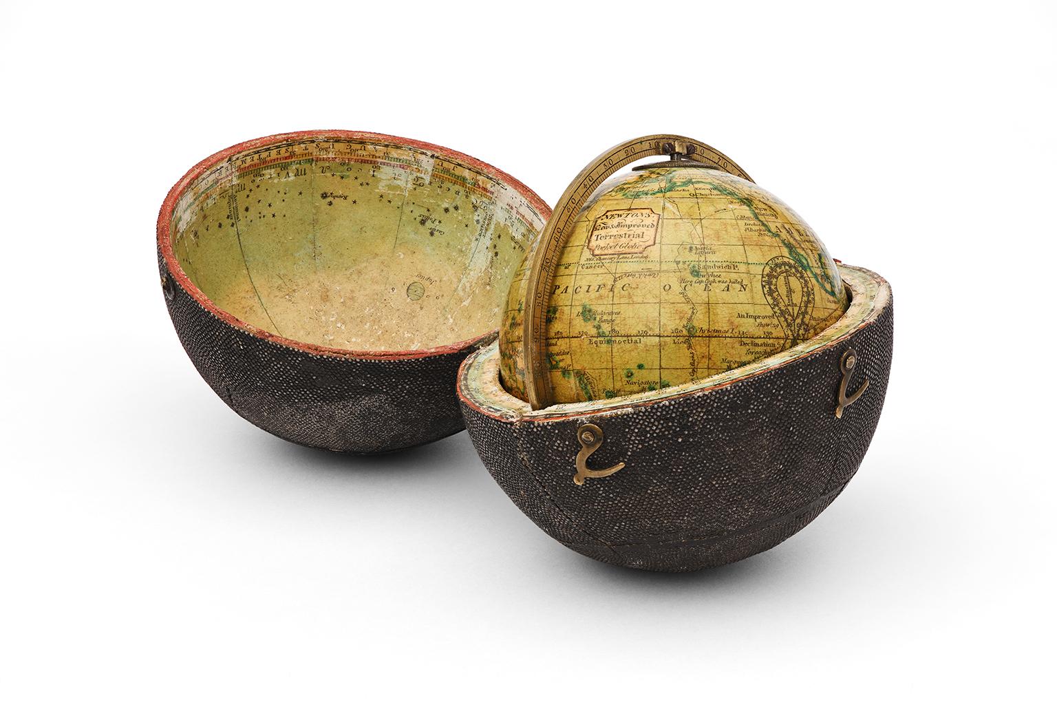 John (1759-1844) and William (1786-1861) Newton
Pocket Globe
London, January 1, 1817

The globe is kept in its original black leather case.
Diameter: Globe 3 in (7.7 cm); Case 3 in (9.7 cm). 
It weighs 0.44 lb (205 g)
State of conservation: