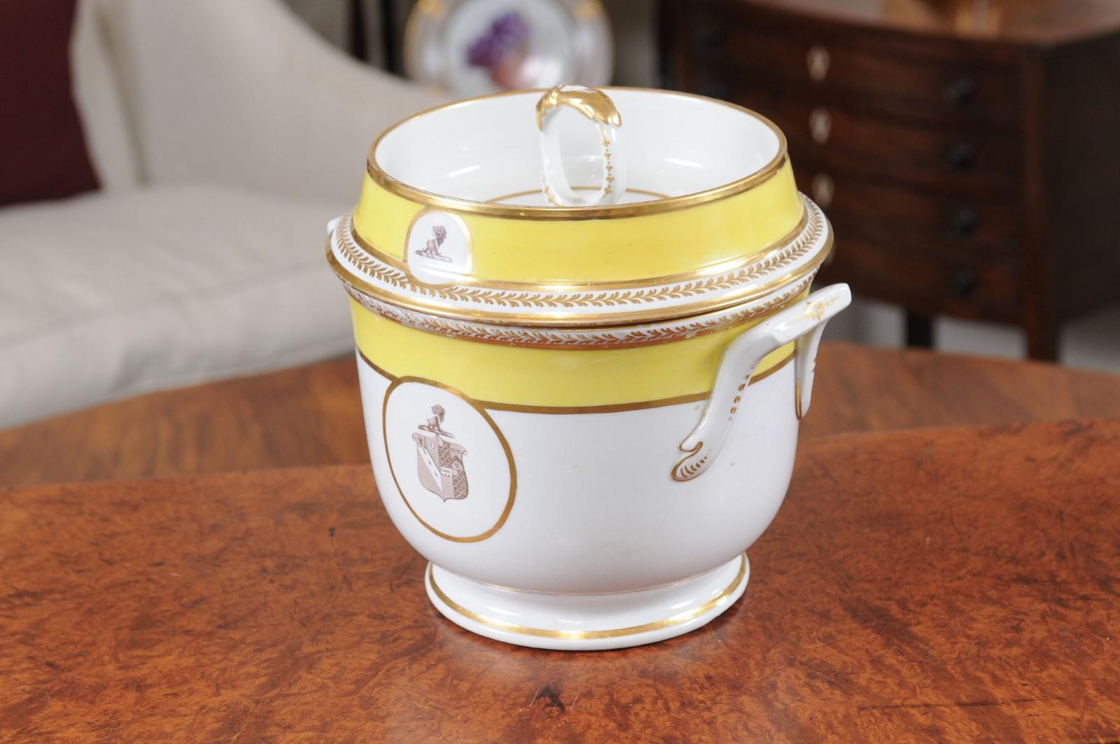  19th Century English Porcelain Armorial Fruit Cooler with Yellow Band In Good Condition In Atlanta, GA