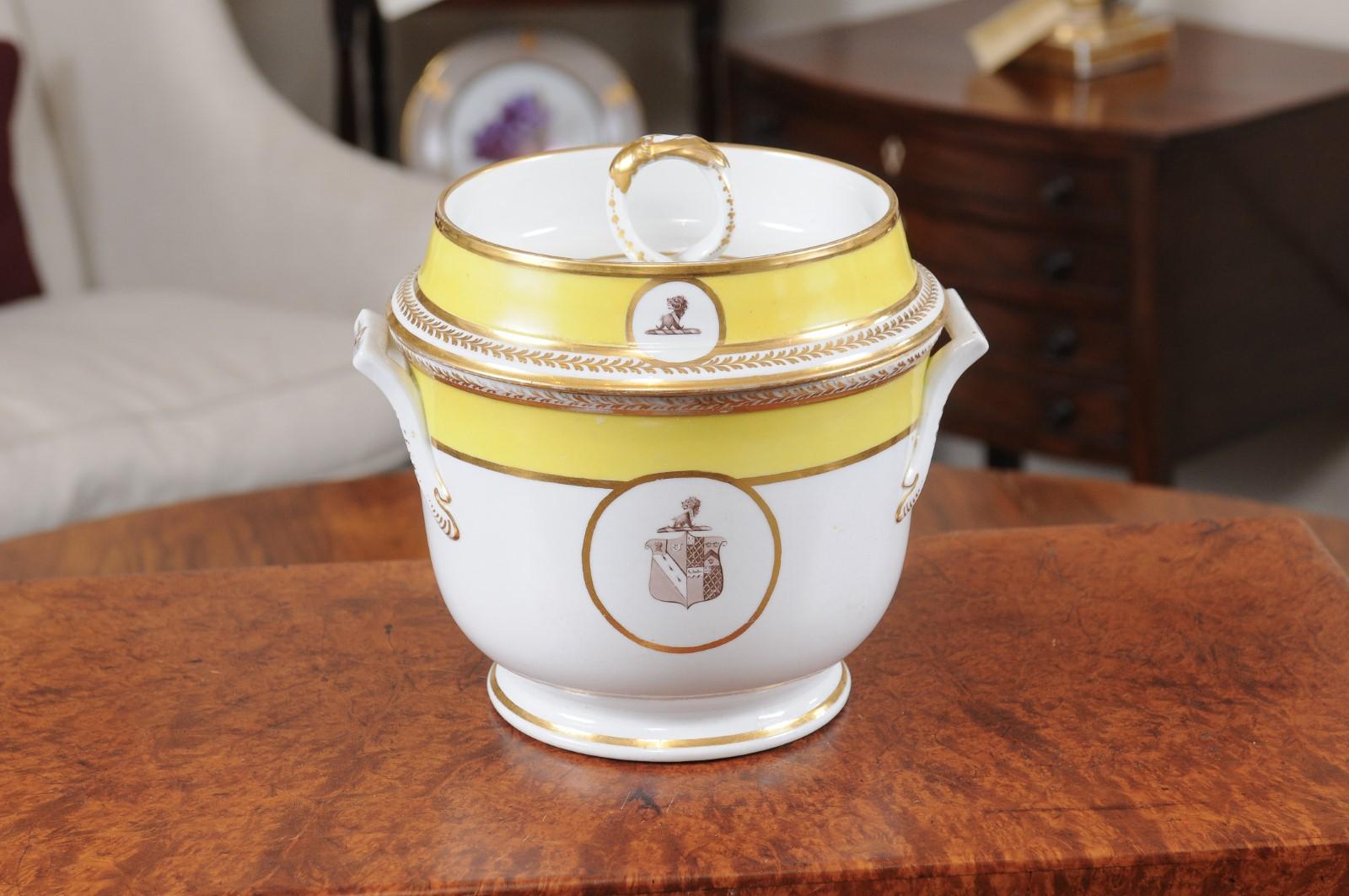  19th Century English Porcelain Armorial Fruit Cooler with Yellow Band 1