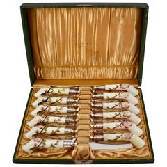 Antique 19th Century English Porcelain Crabstick Handled Dessert Knives, Cased Set of 12