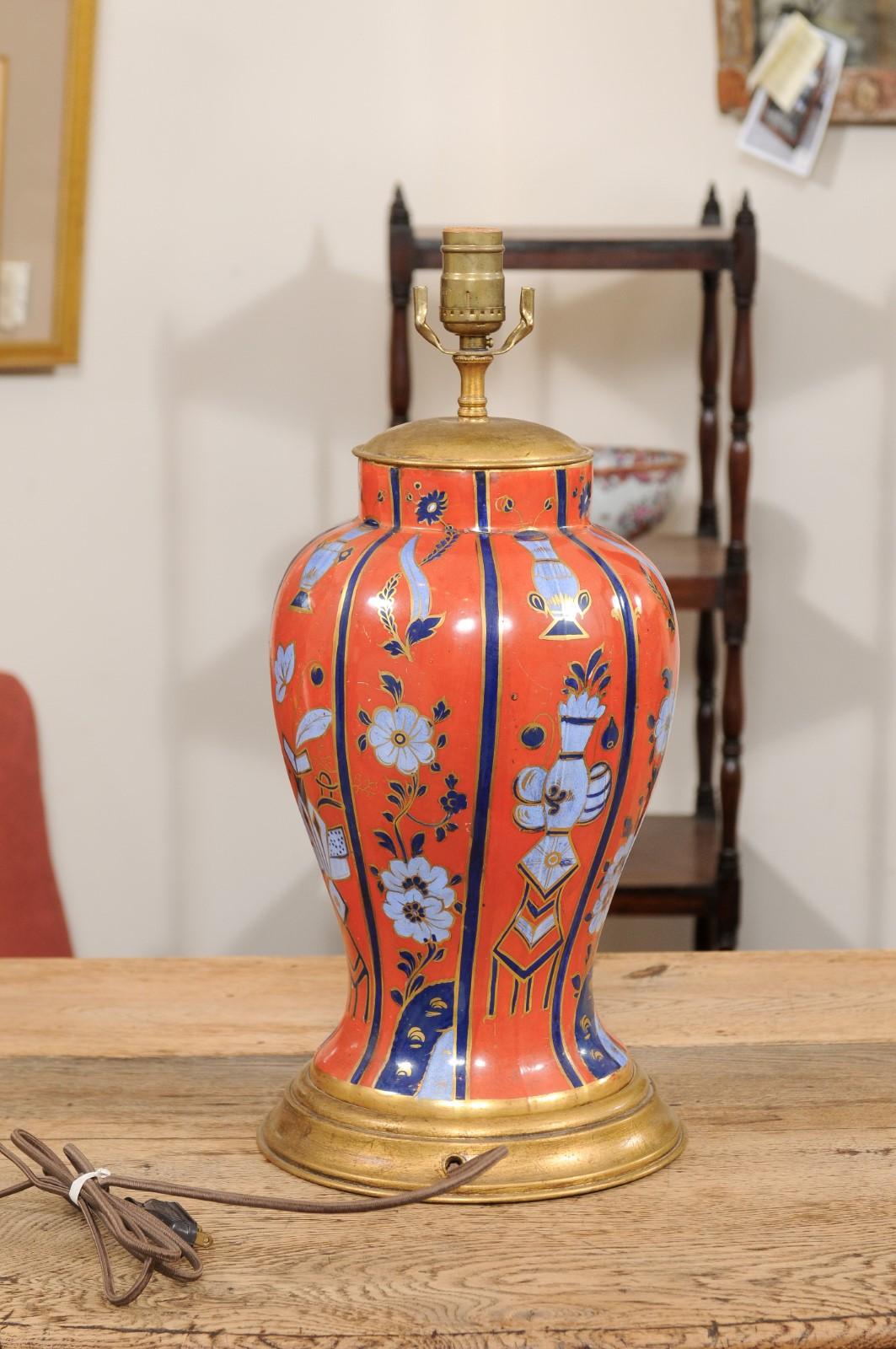 19th Century English Porcelain Vase in Orange & Blue, wired as a Lamp For Sale 8