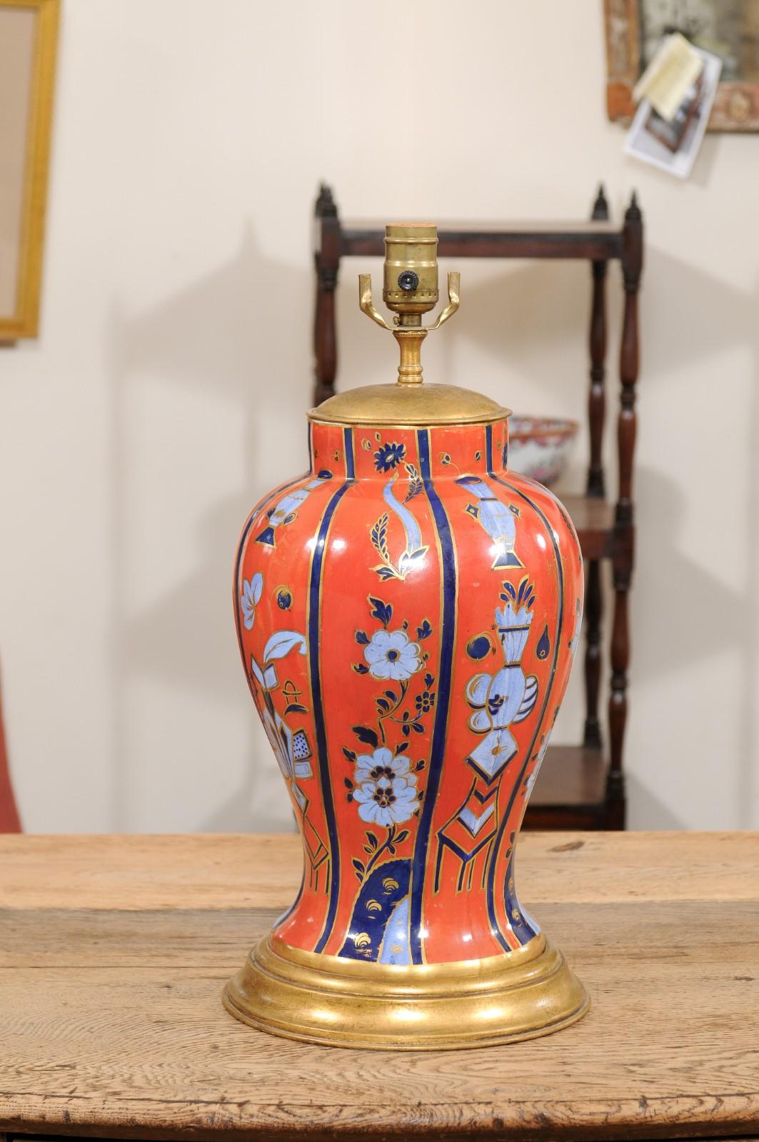 19th Century English Porcelain Vase in Orange & Blue, wired as a Lamp For Sale 1