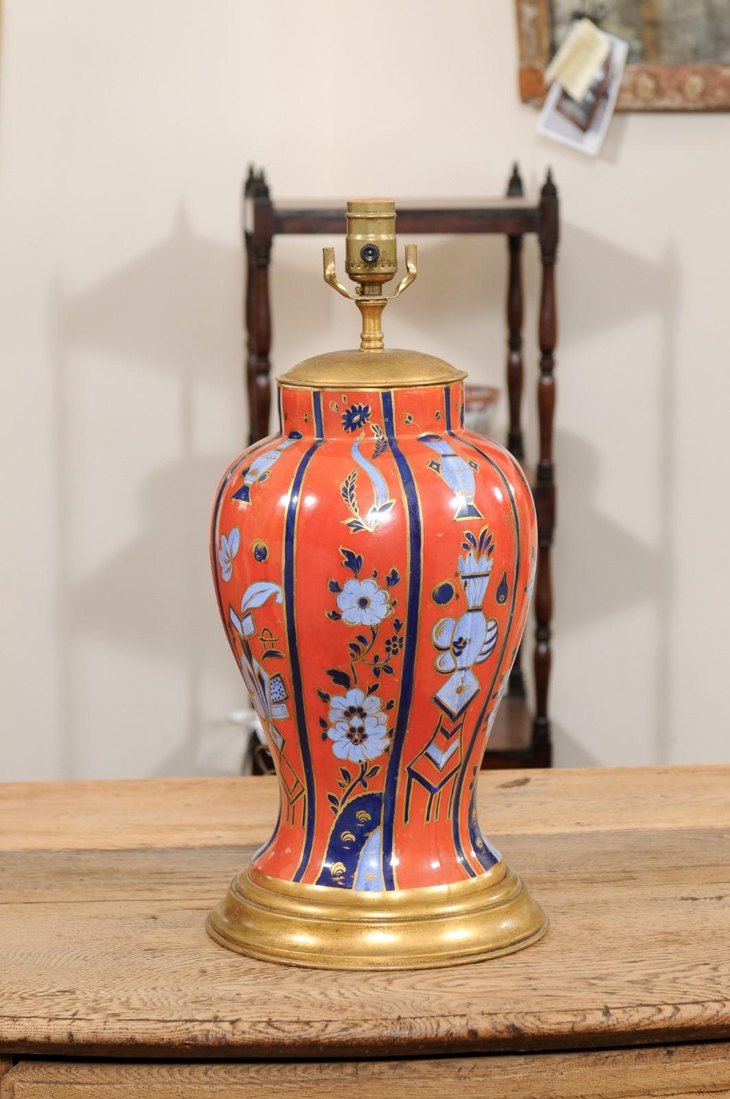 19th Century English Porcelain Vase in Orange & Blue, wired as a Lamp For Sale 2