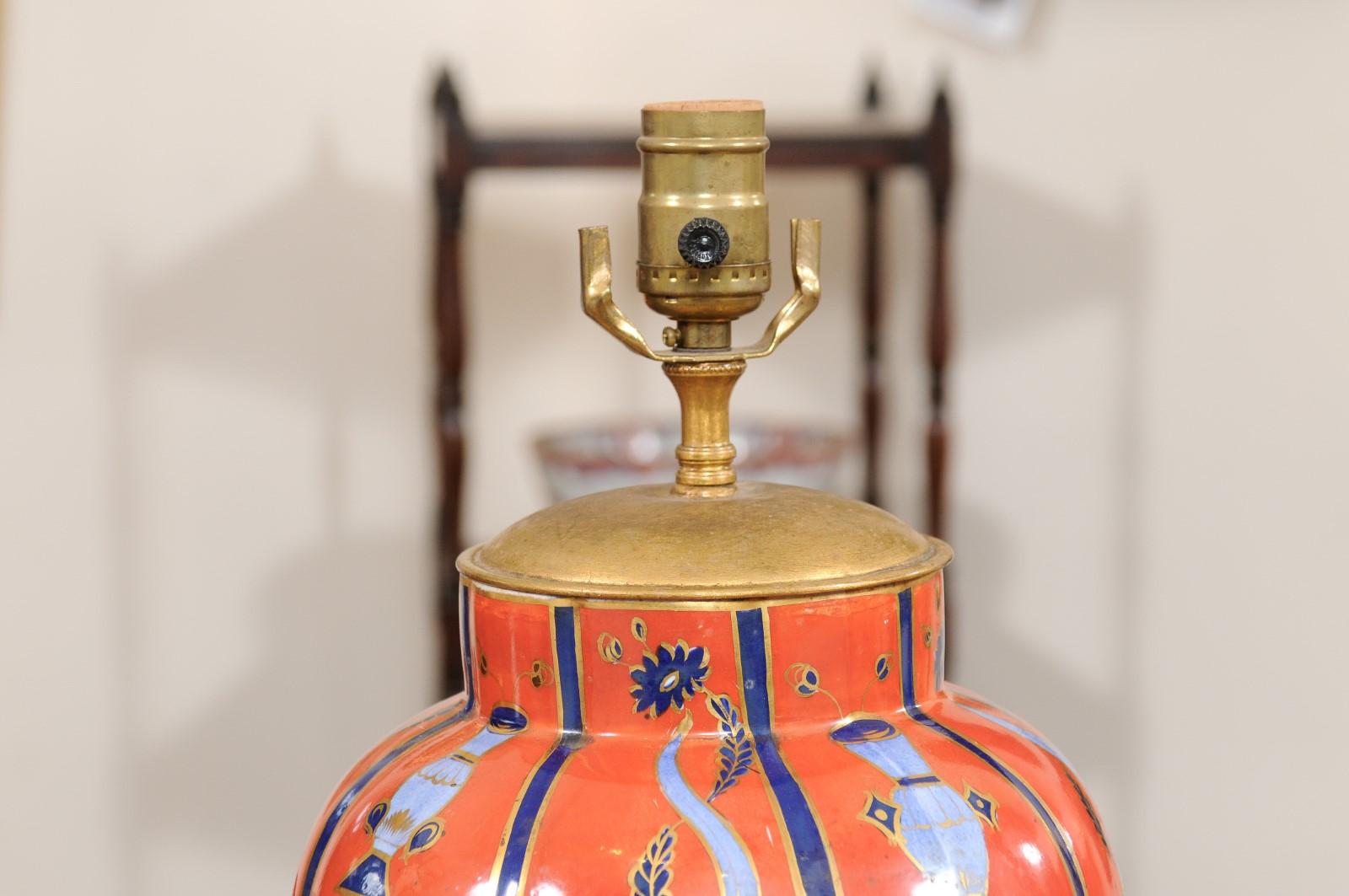 19th Century English Porcelain Vase in Orange & Blue, wired as a Lamp For Sale 3