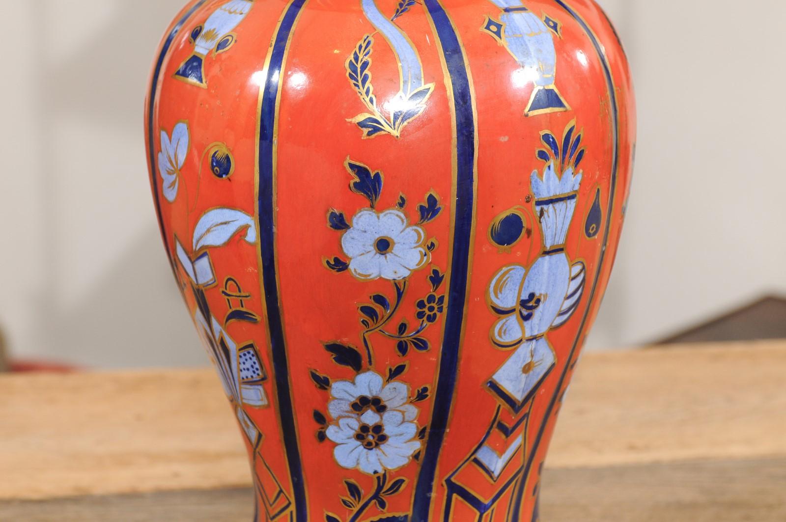 19th Century English Porcelain Vase in Orange & Blue, wired as a Lamp For Sale 4