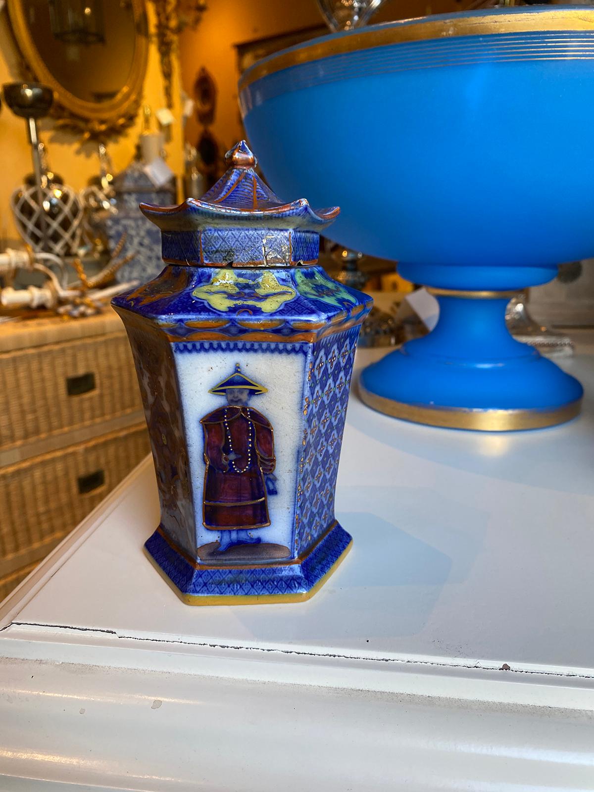 19th century circa 1820-1830s English probably Mason’s polychrome porcelain hexagonal jar, pagoda lid. Possibly old snuff jar.