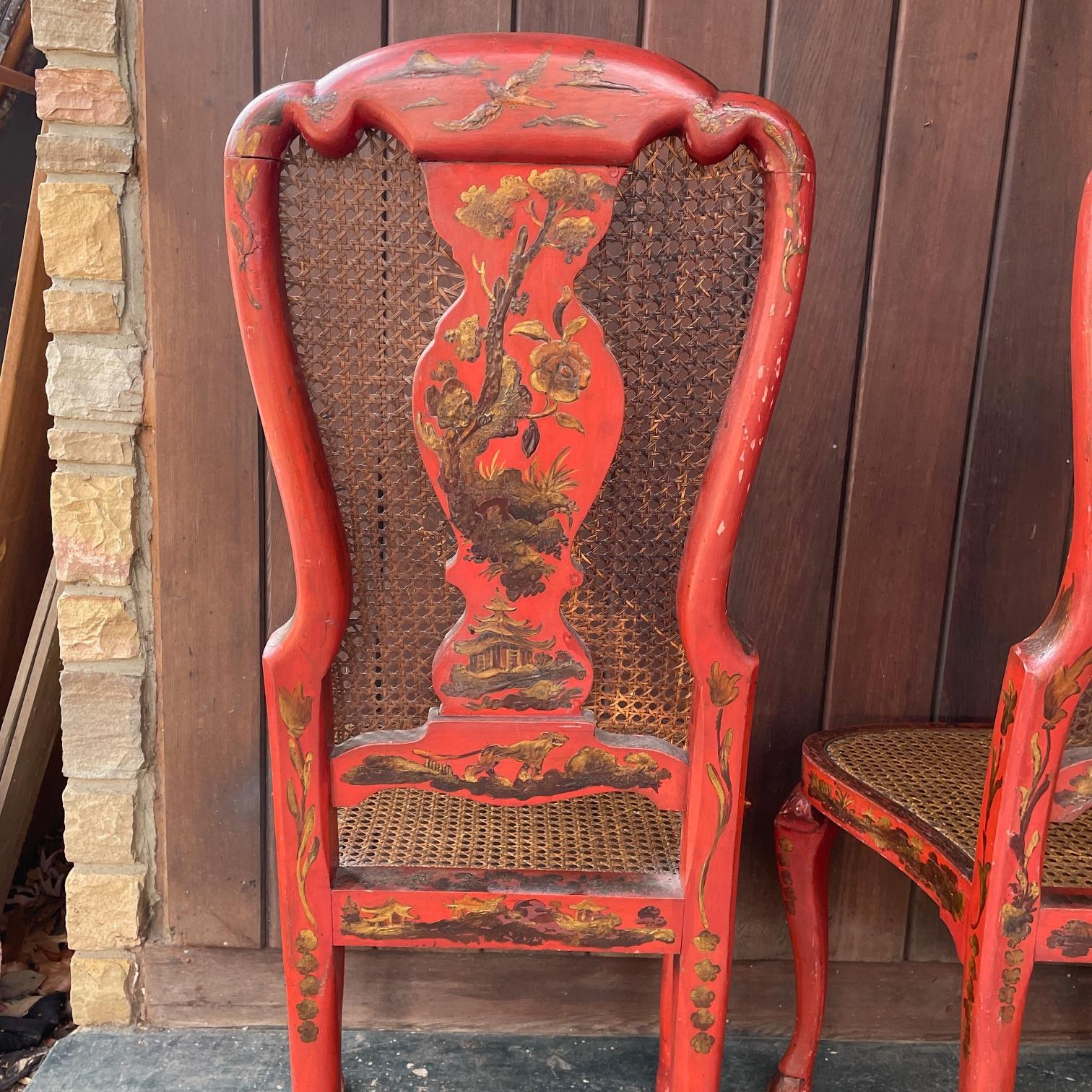 19th Century English Queen Anne Accent Chairs Red Lacquered Chinoiserie Japanned 4