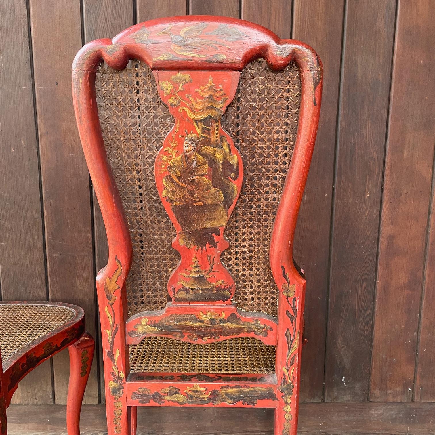 19th Century English Queen Anne Accent Chairs Red Lacquered Chinoiserie Japanned 5