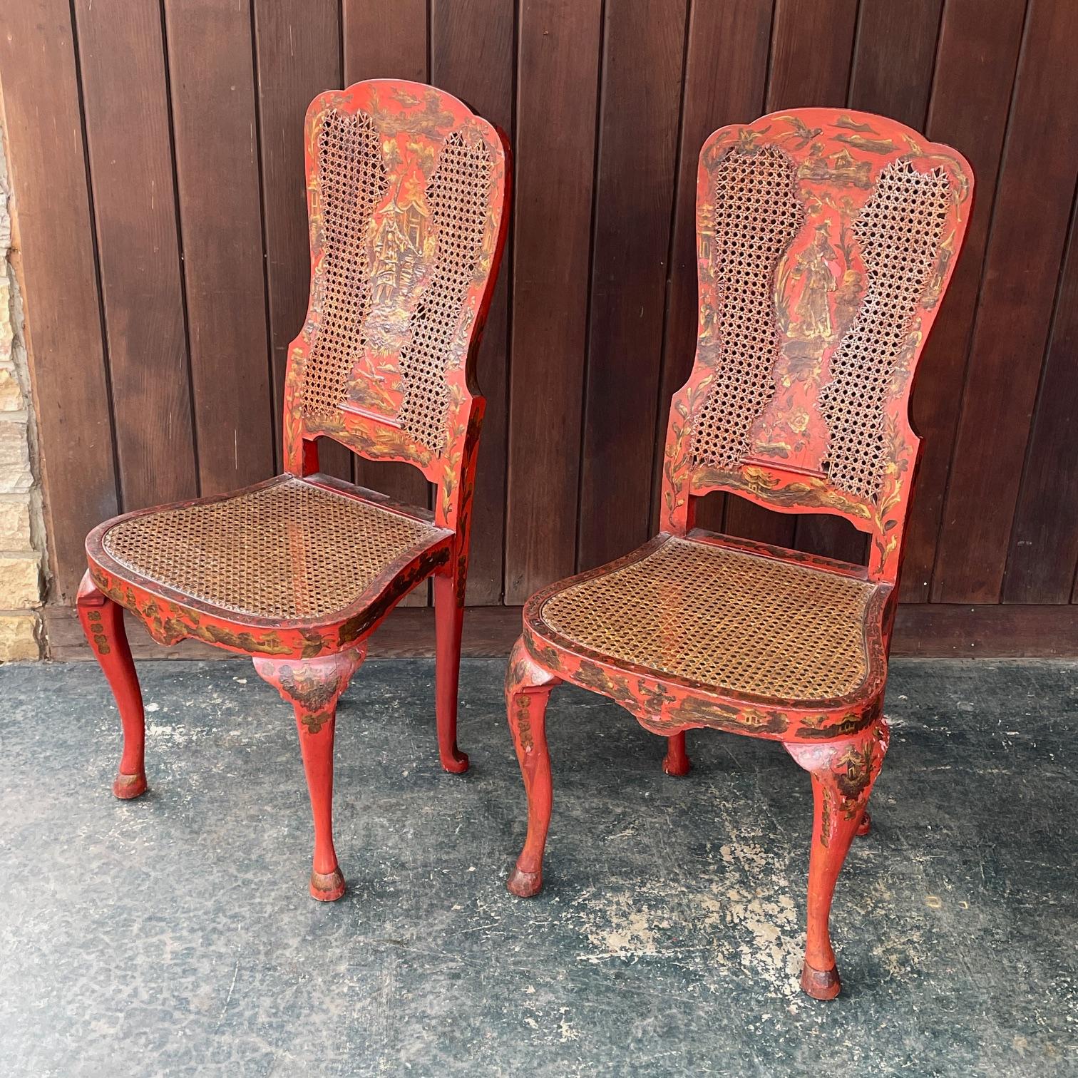 19th Century English Queen Anne Red Lacquered Chinoiserie Accent Chairs. Caning is unbroken but we have not sat in these chairs to test its strength.
W 21 x D 21.5 x Seat H 17.75 / Back H 42.75 in

Pick up in Hillandale MD 20903 USA. We have a