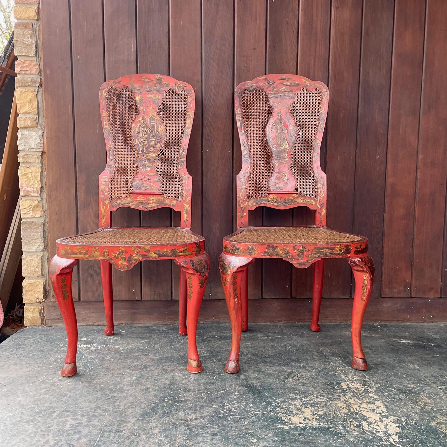 American 19th Century English Queen Anne Accent Chairs Red Lacquered Chinoiserie Japanned