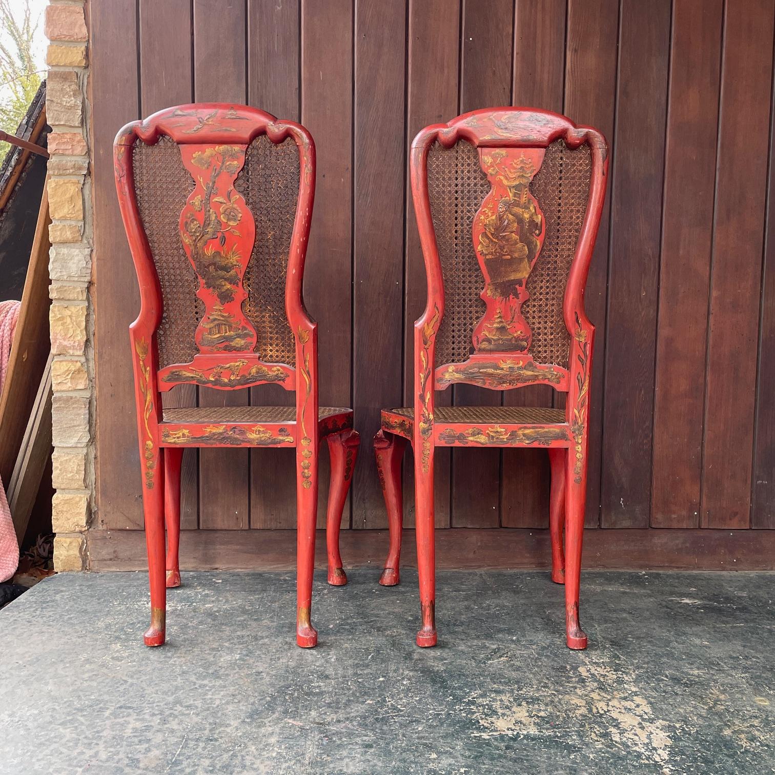 Hand-Crafted 19th Century English Queen Anne Accent Chairs Red Lacquered Chinoiserie Japanned