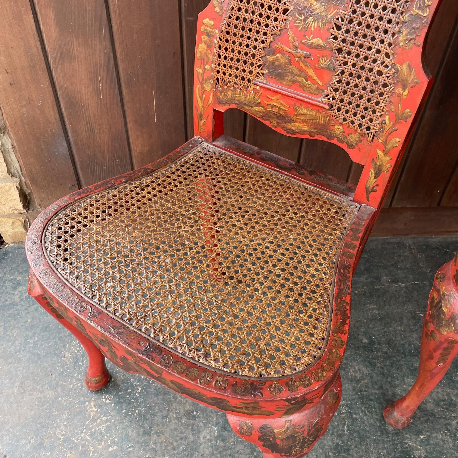 Paint 19th Century English Queen Anne Accent Chairs Red Lacquered Chinoiserie Japanned