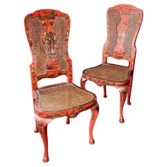 19th Century English Queen Anne Accent Chairs Red Lacquered Chinoiserie Japanned