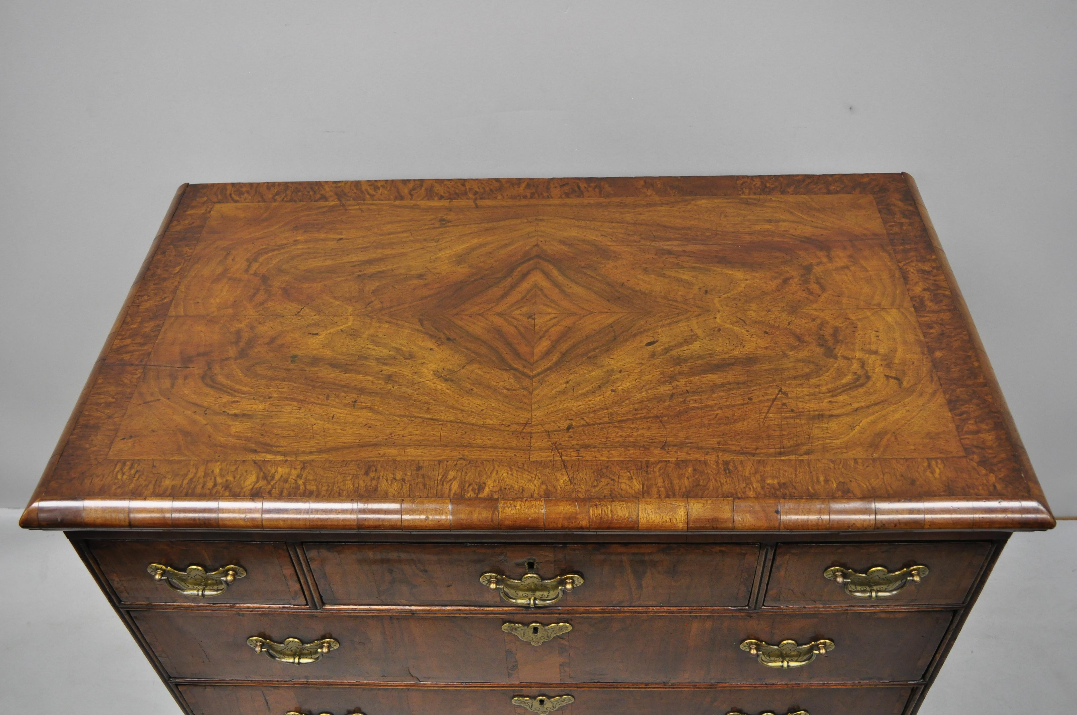 19th Century English Queen Anne Burr Walnut Inlaid 6-Drawer Chest of Drawers In Good Condition In Philadelphia, PA