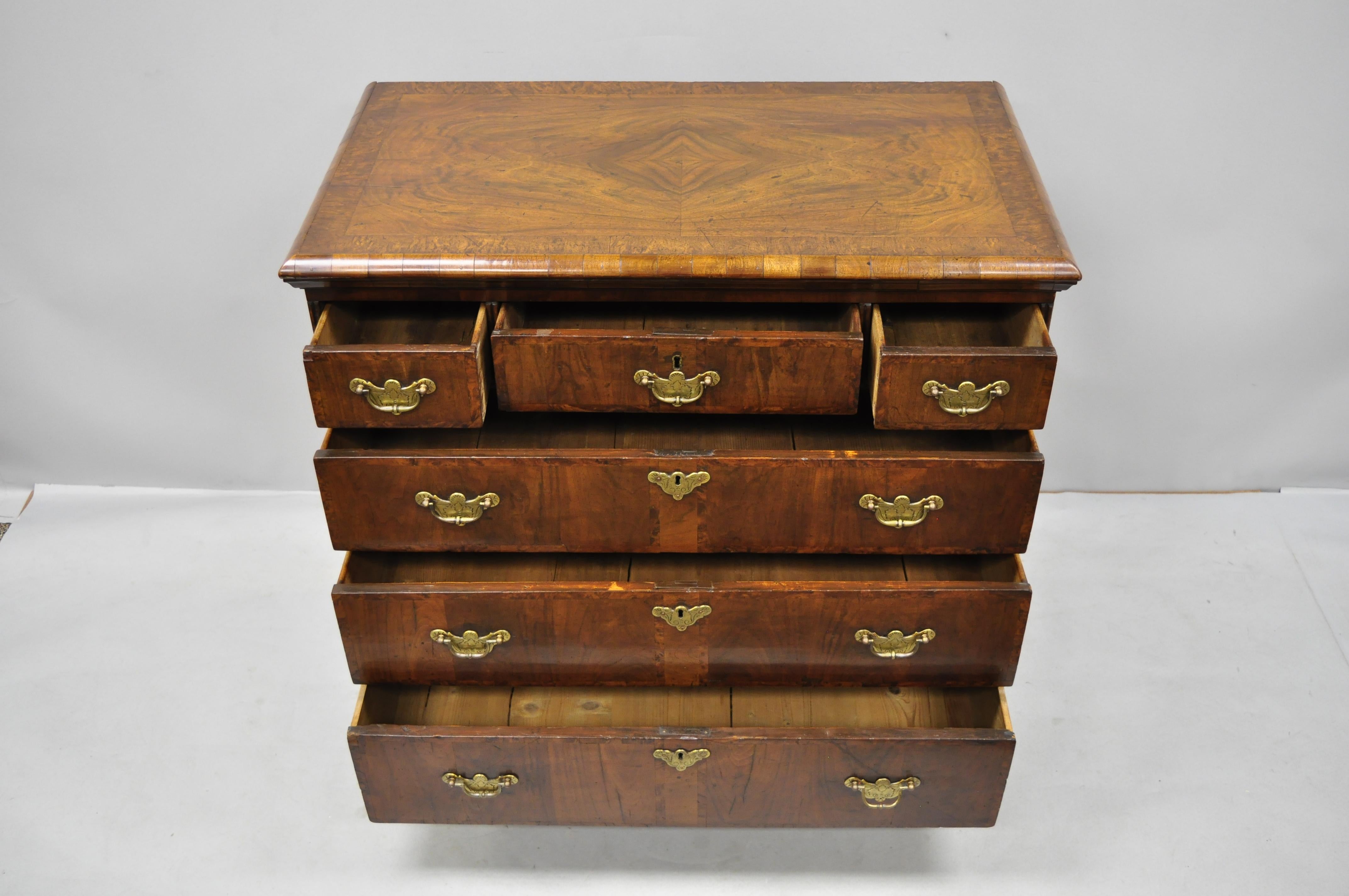 19th Century English Queen Anne Burr Walnut Inlaid 6-Drawer Chest of Drawers 1