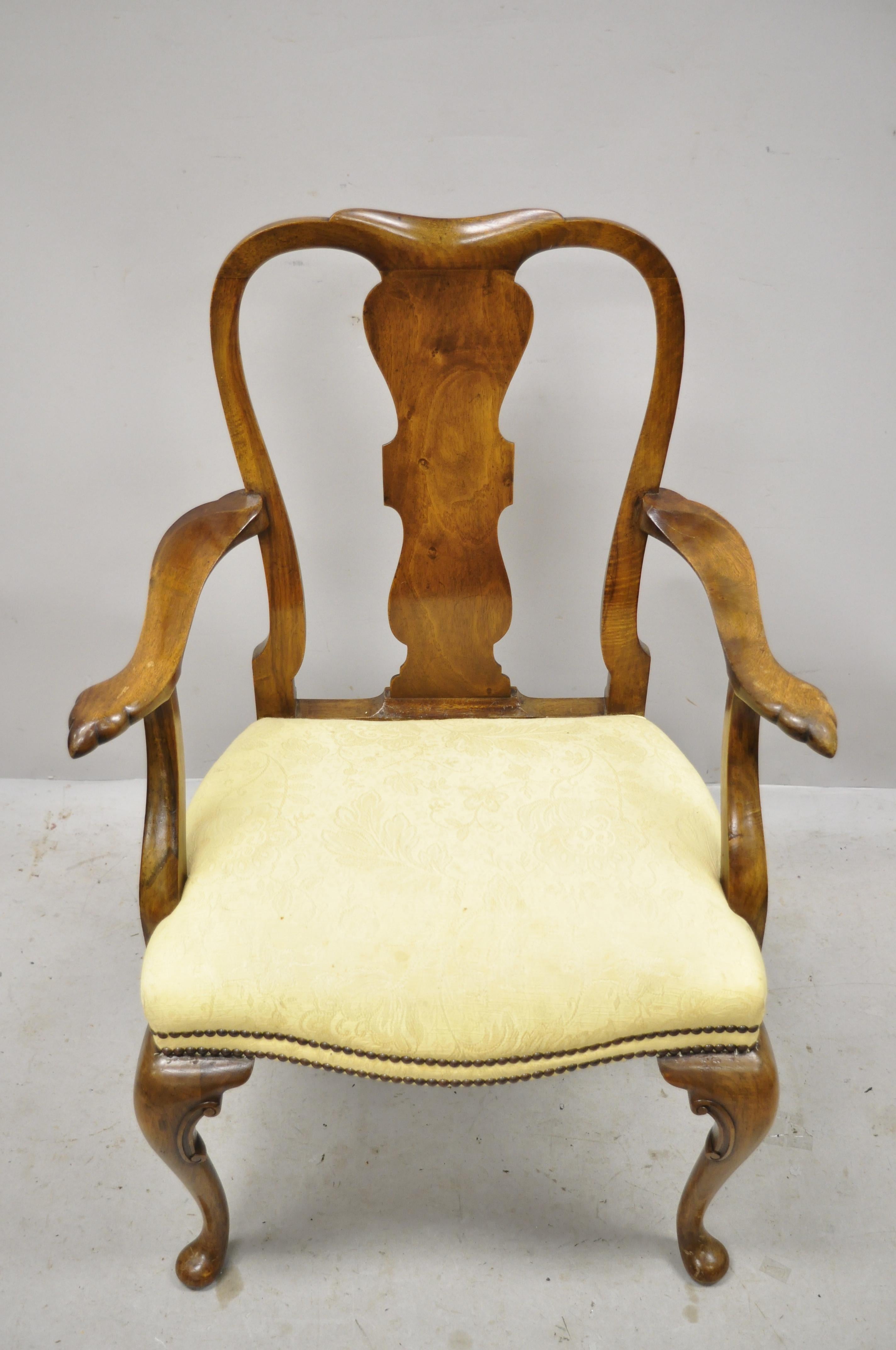 19th Century English Queen Anne Carved Burr Walnut Splat Back Dining Armchair For Sale 8
