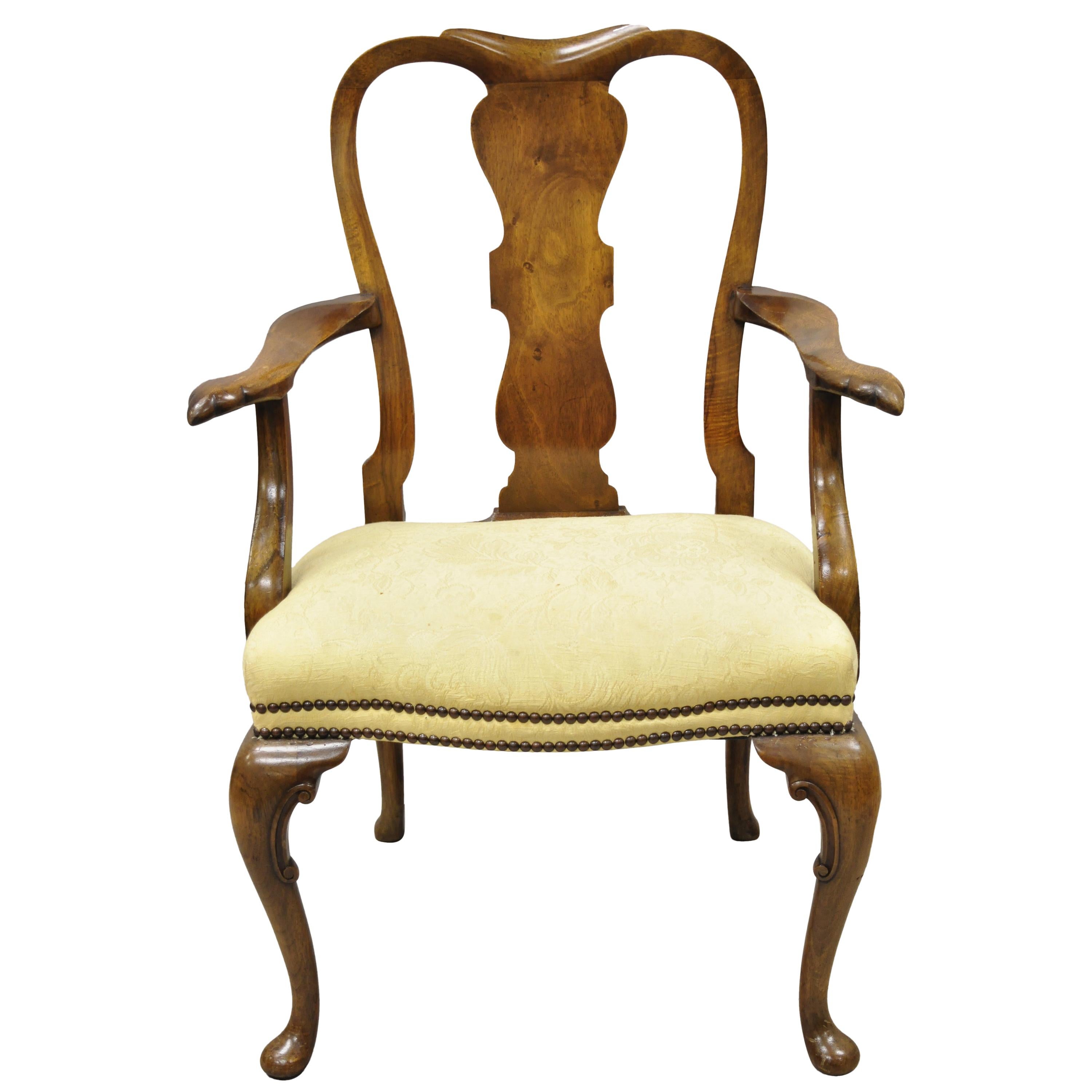 19th Century English Queen Anne Carved Burr Walnut Splat Back Dining Armchair For Sale