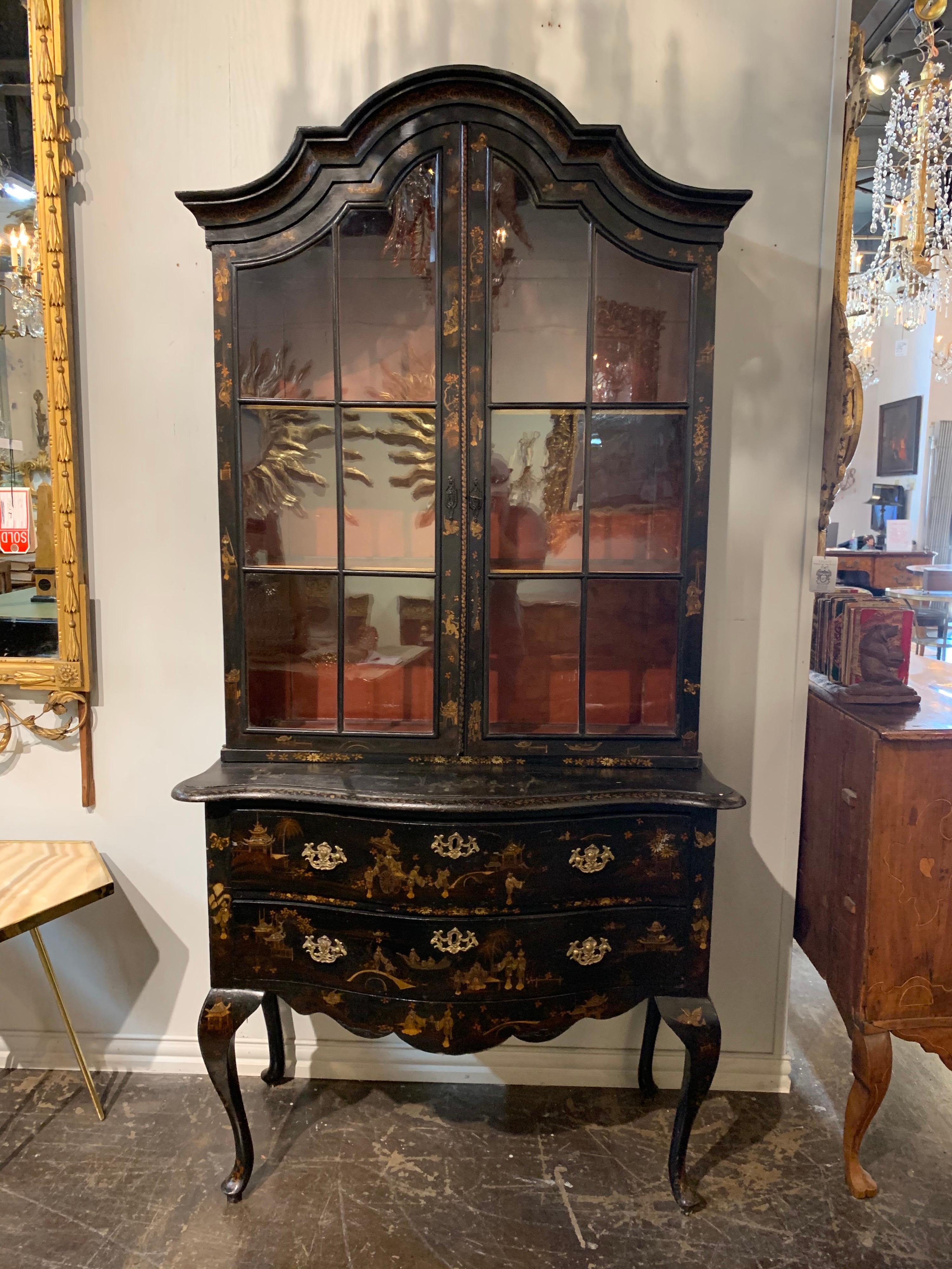 Gorgeous 19th century English Queen Anne chinoiserie 2 part cabinet. Very fine painted scenes on the front and sides on the piece. And there 3 shelves for storage and display. So pretty!