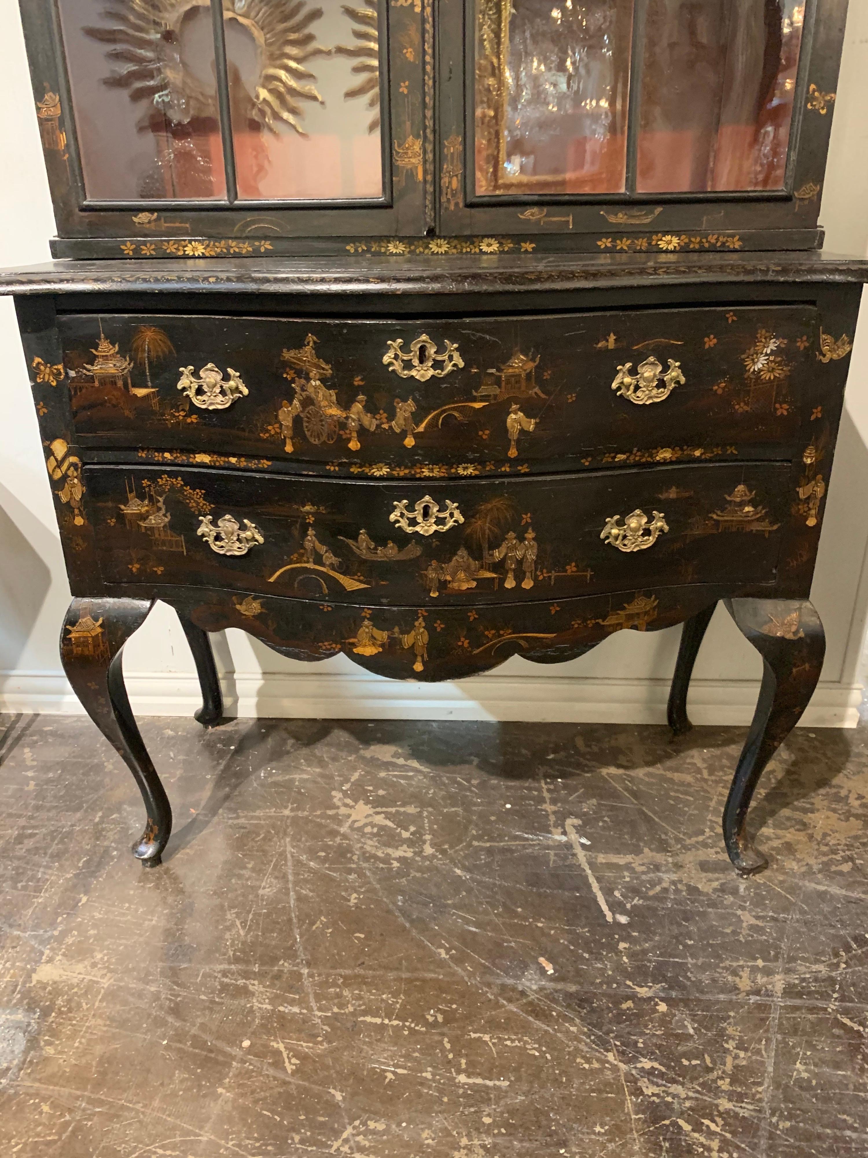 Hand-Painted 19th Century English Queen Anne Chinoiserie Cabinet