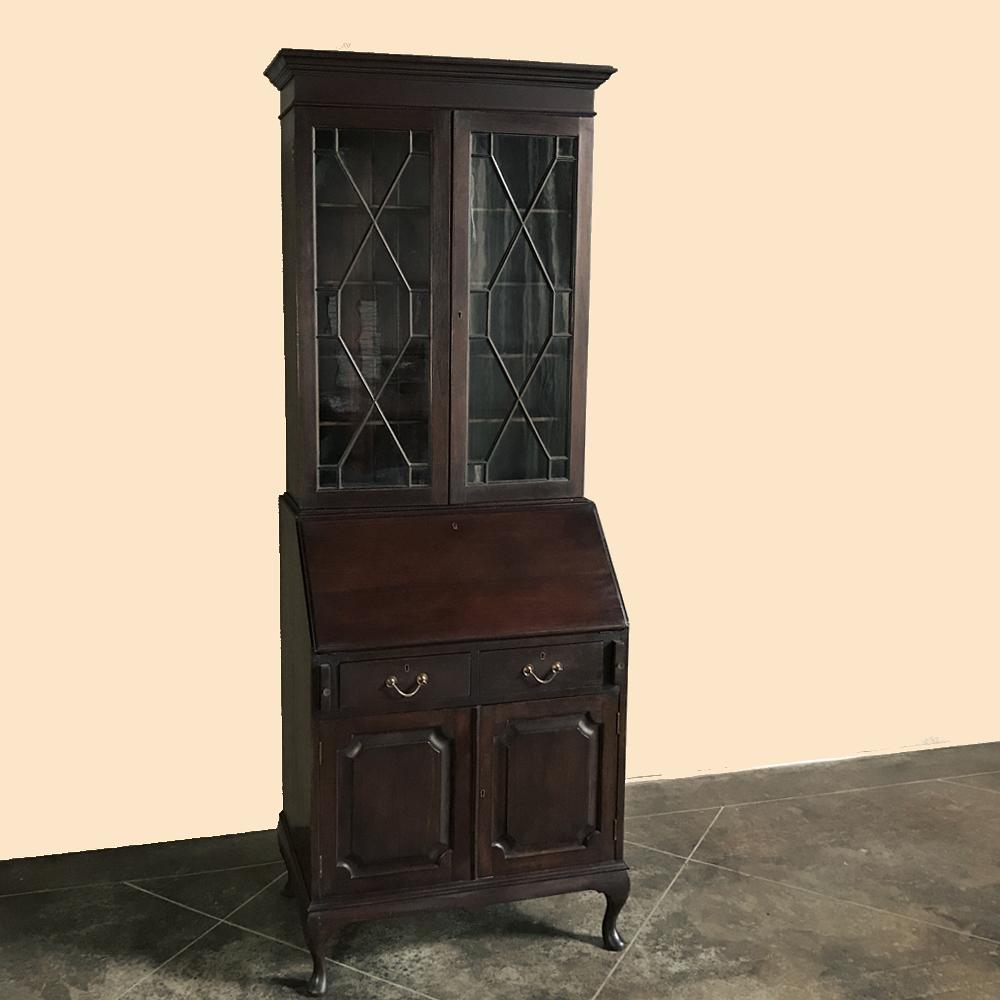 Hand-Crafted Antique English Queen Anne Mahogany Secretary, Bookcase