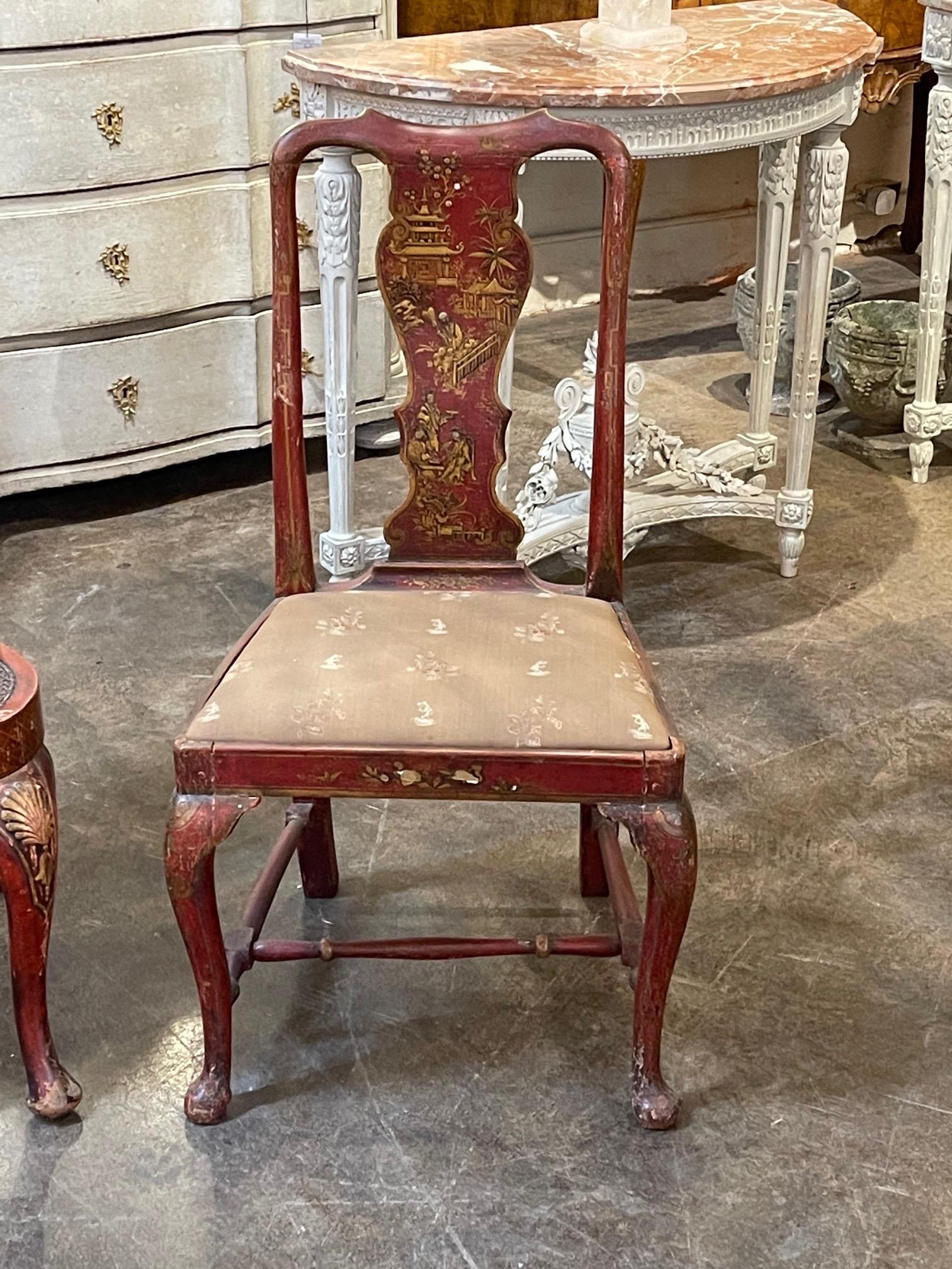 Beautiful 19th century English Queen Anne red lacquered chinoiserie side chair. Pretty hand painted design!
Note: There is a companion chair. Sold separately.
