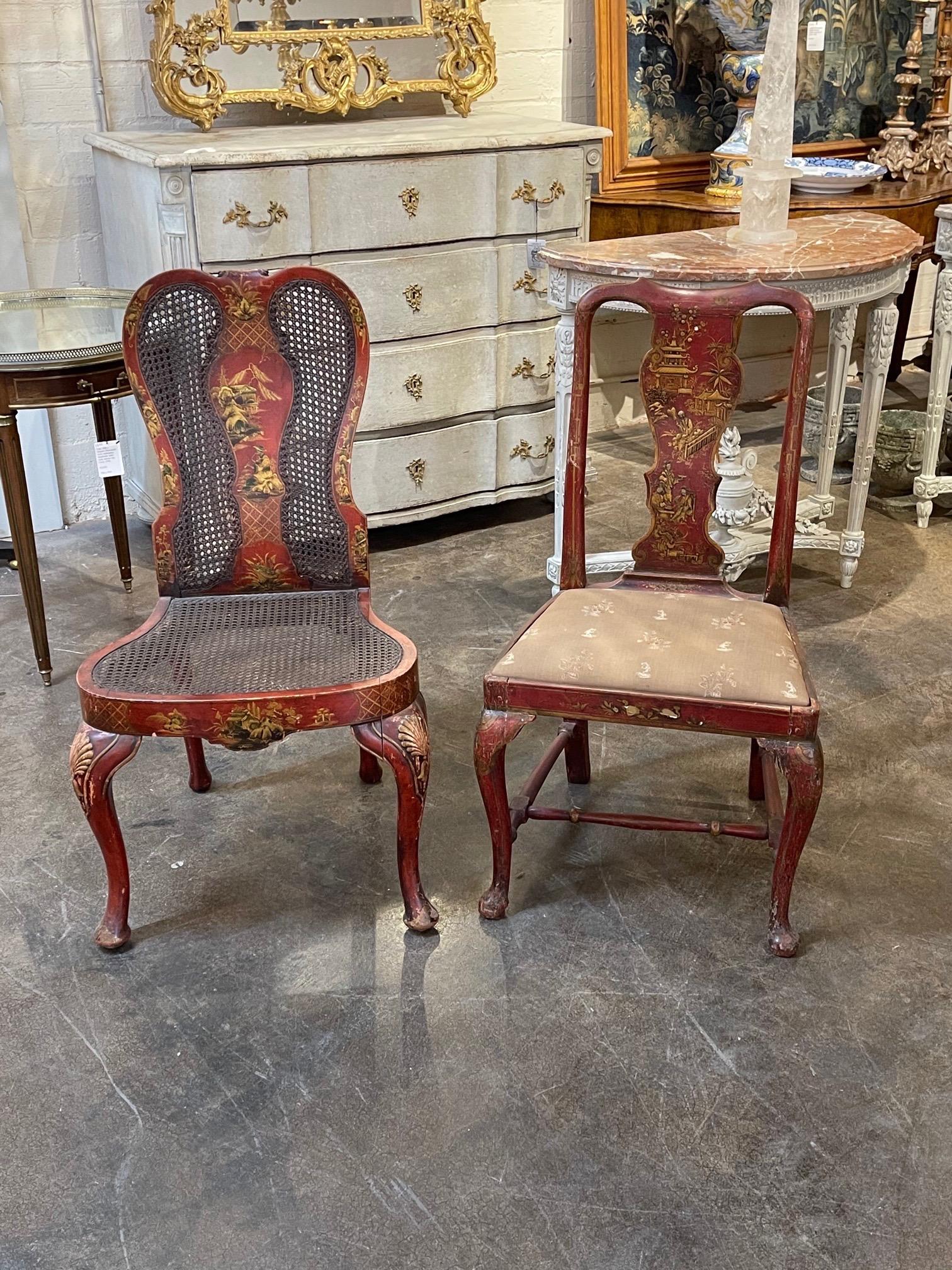 Hand-Painted 19th Century English Queen Anne Red Lacquered Chinoiserie Side Chair For Sale