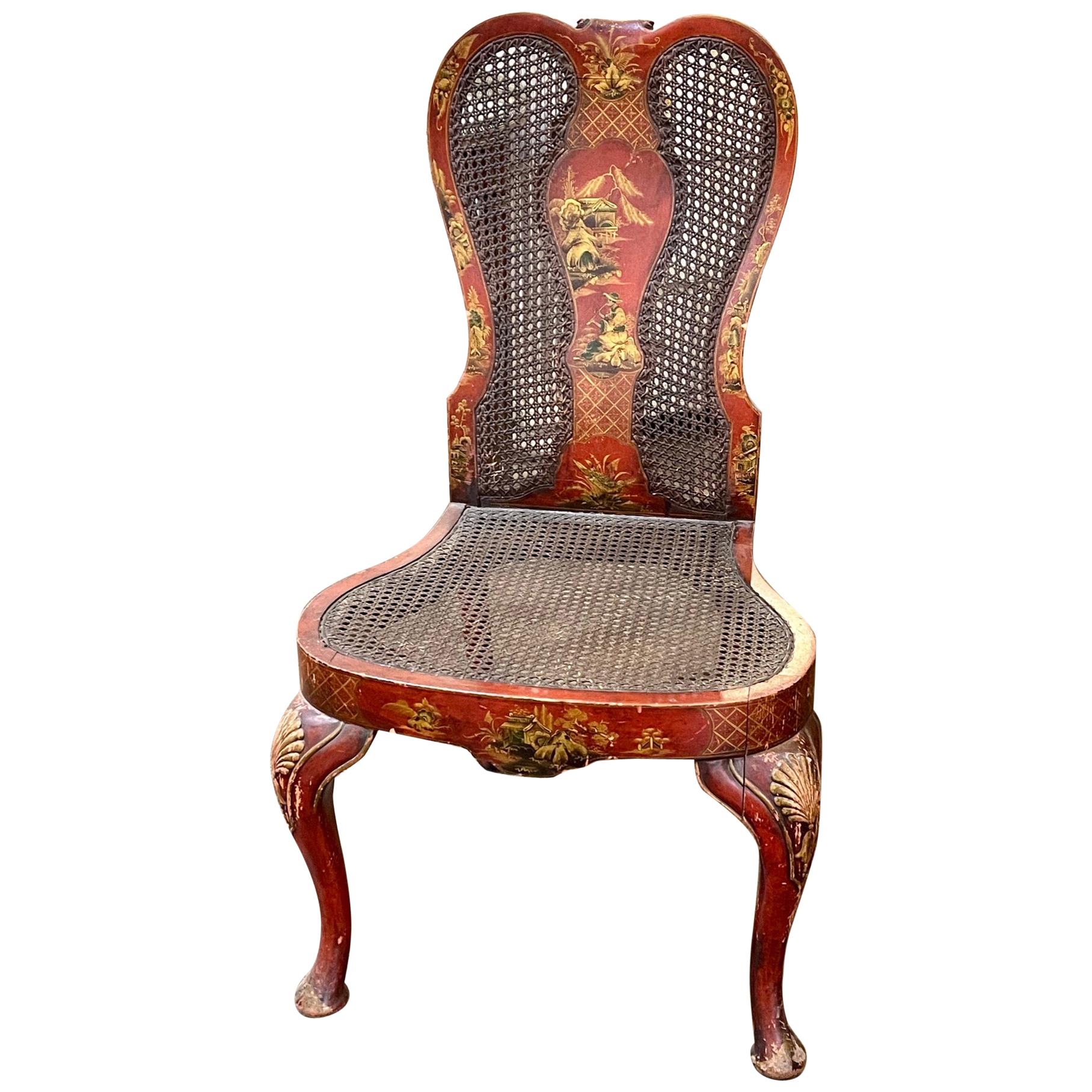 19th Century English Queen Anne Red Lacquered Chinoiserie Side Chair