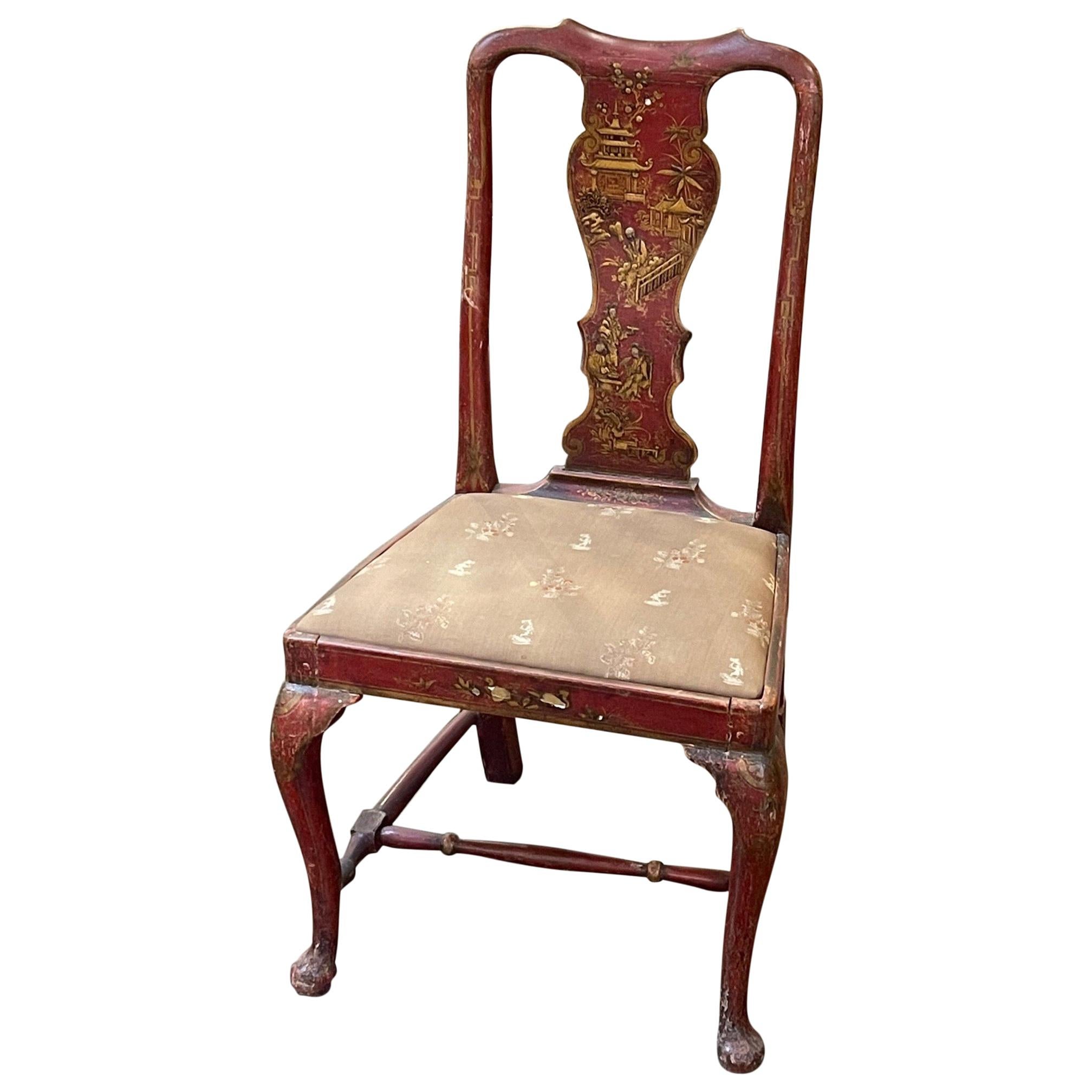 Englischer rot lackierter Queen Anne-Chinoiserie-Beistellstuhl aus dem 19. Jahrhundert