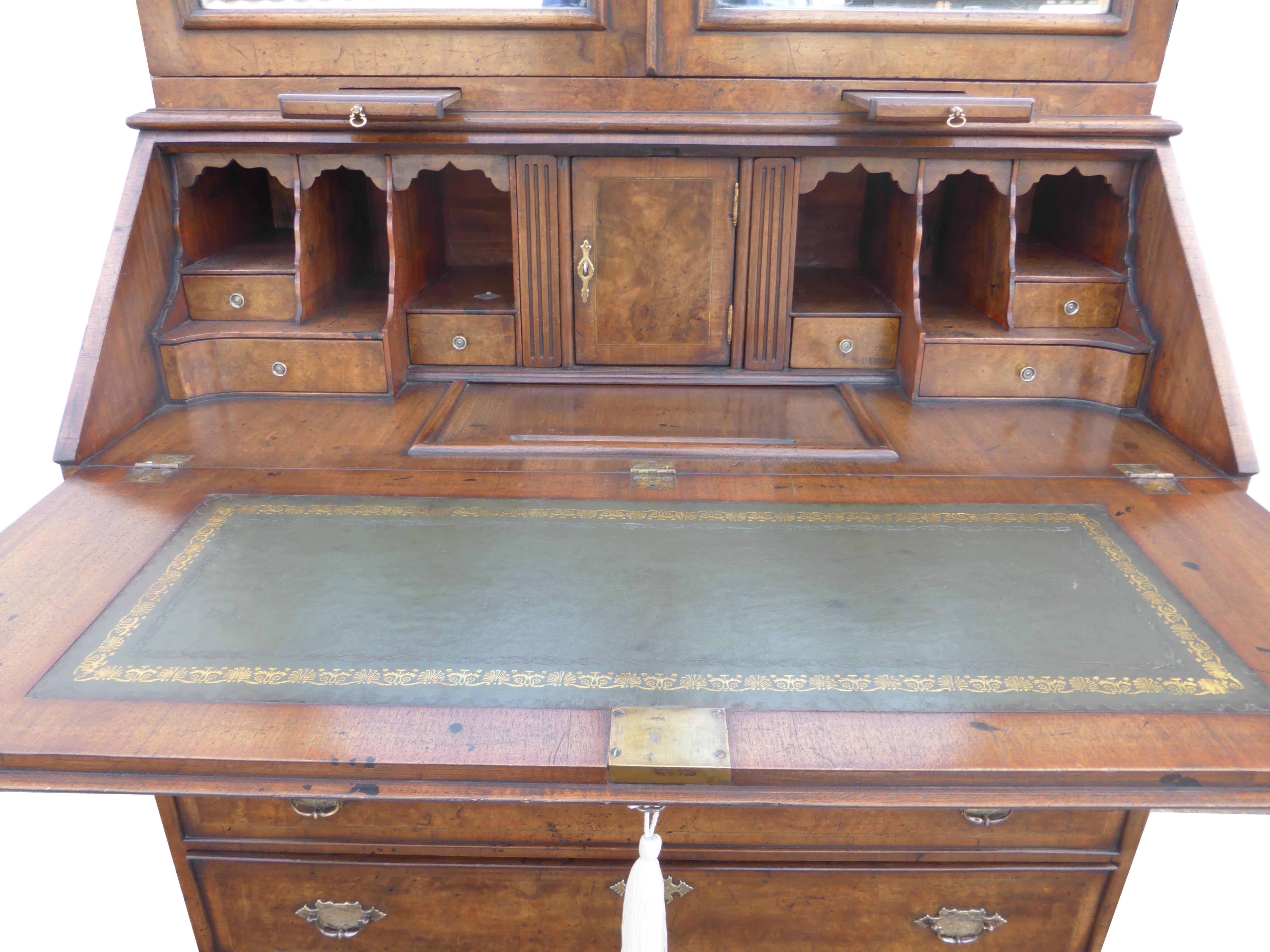 19th Century English Queen Anne Style Burr Walnut Secretary Bookcase For Sale 5
