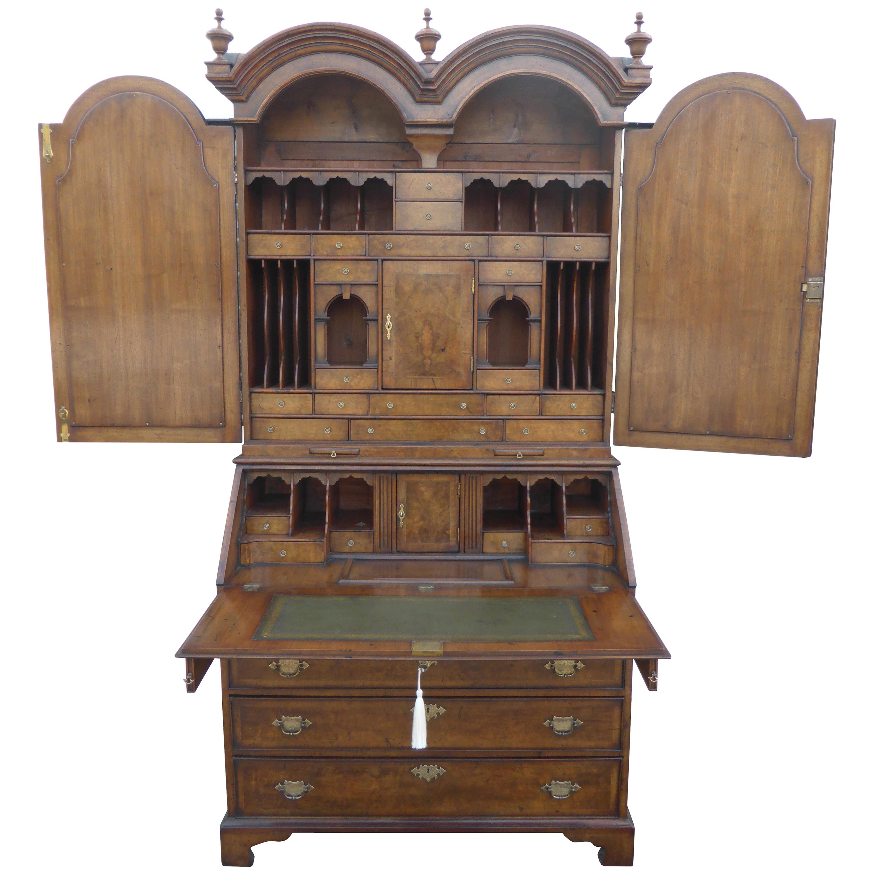 19th Century English Queen Anne Style Burr Walnut Secretary Bookcase For Sale