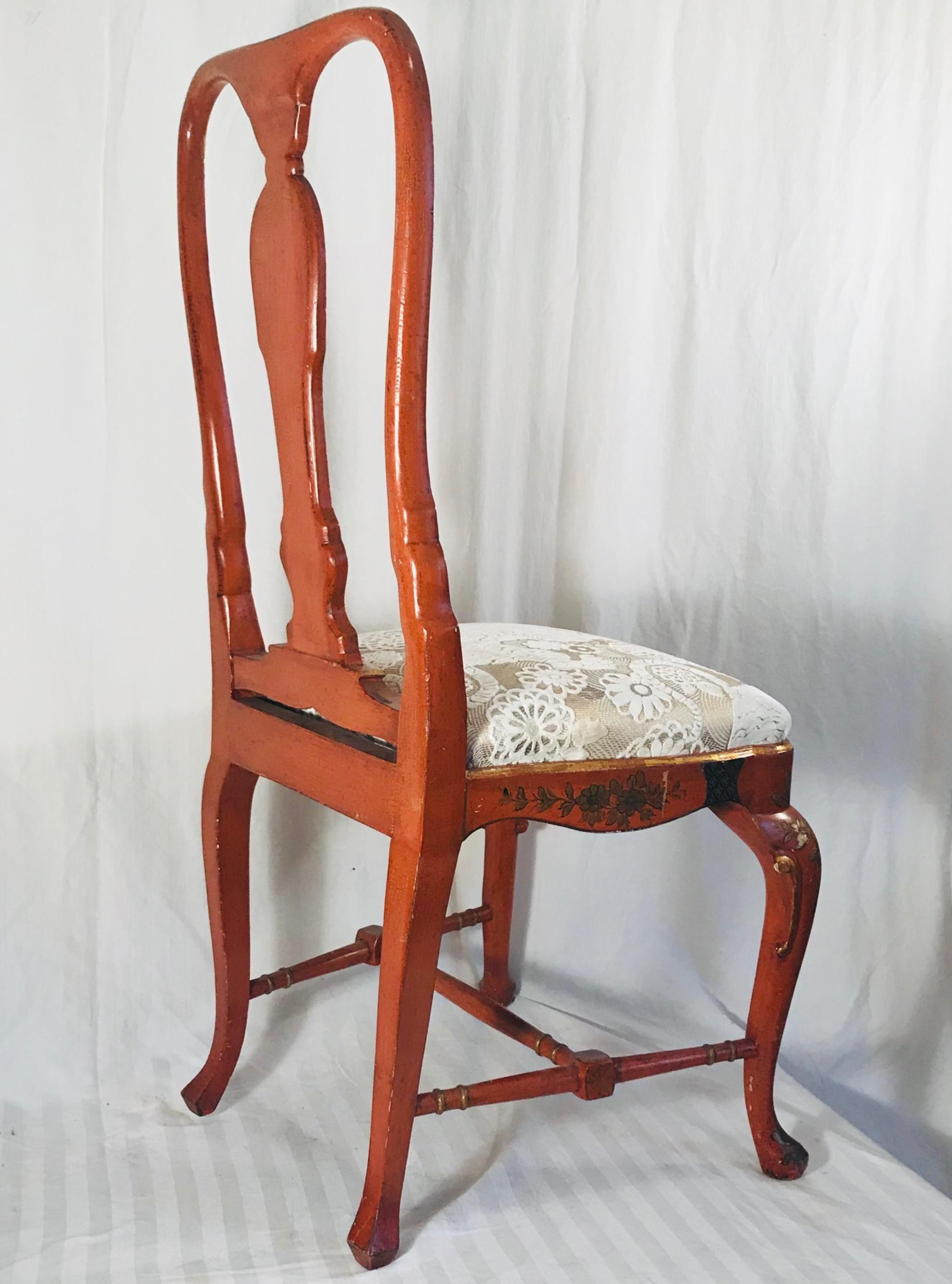 19th Century English Queen Anne Style Chinoiserie Scarlett Lacquer Side Chair 7