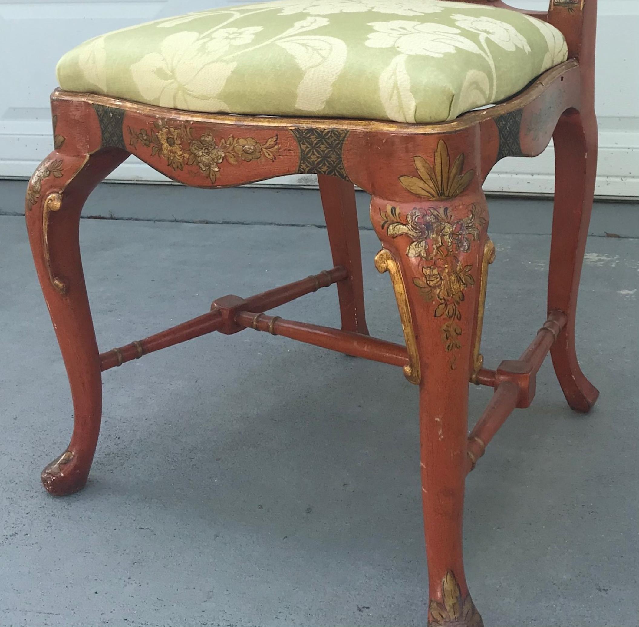 19th Century English Queen Anne Style Chinoiserie Scarlett Lacquer Side Chair 8