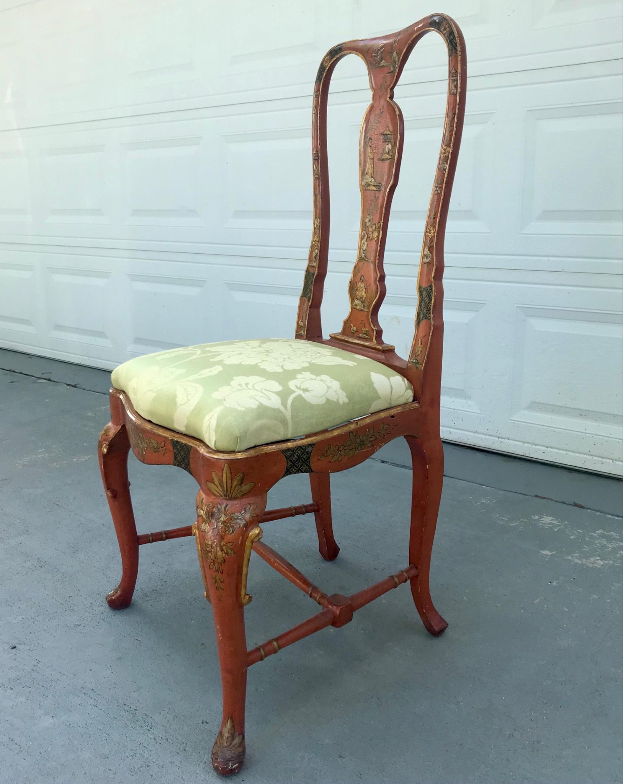 19th century English Queen Anne style chinoiserie Scarlett lacquer side chair.

Late 19th century red japanned side chair in the manner of Giles Grendey (English, 1693-1780). The chair, in the Queen Anne taste, has exuberant chinoiserie