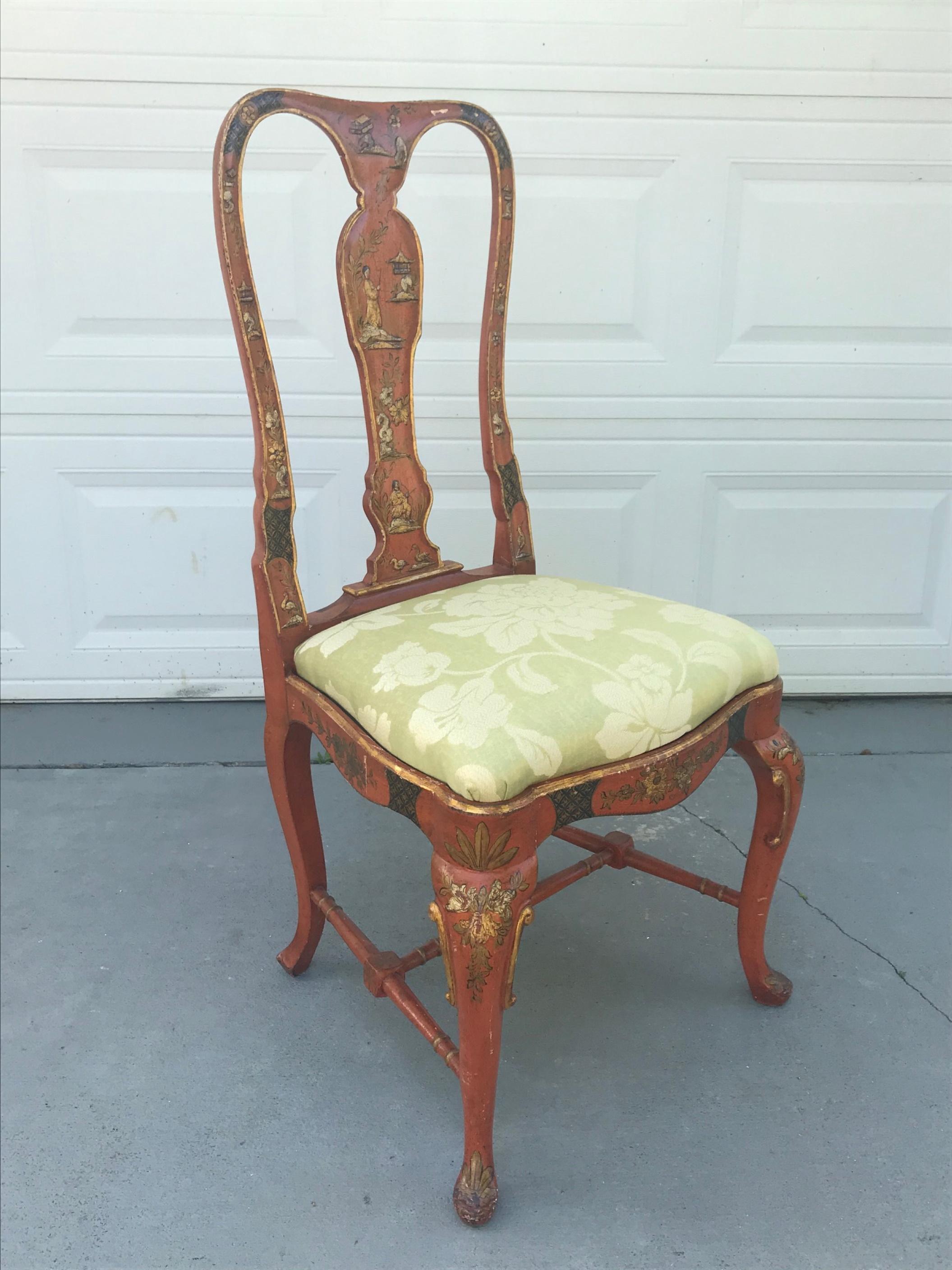 Japanned 19th Century English Queen Anne Style Chinoiserie Scarlett Lacquer Side Chair