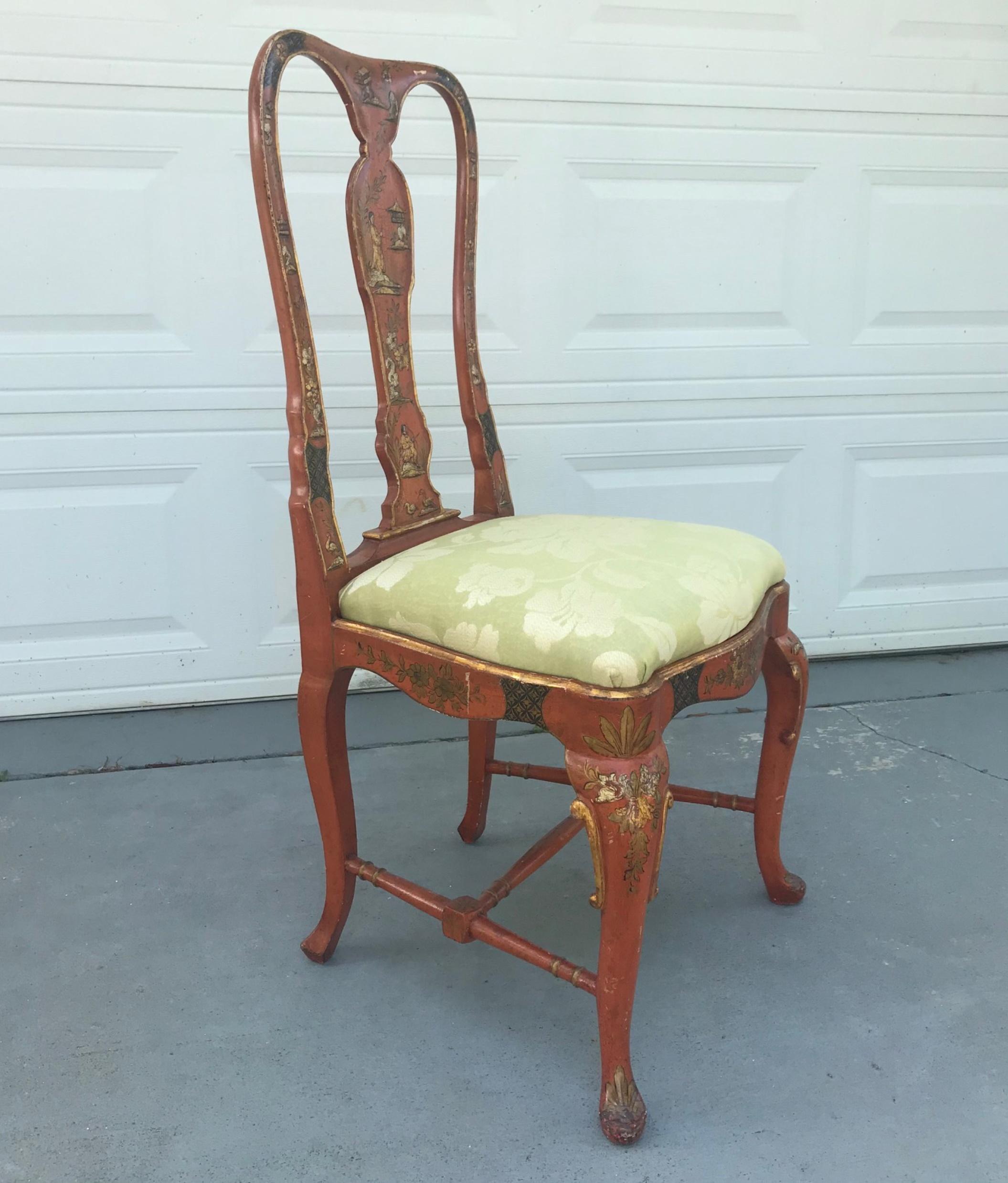 19th Century English Queen Anne Style Chinoiserie Scarlett Lacquer Side Chair In Good Condition In Vero Beach, FL