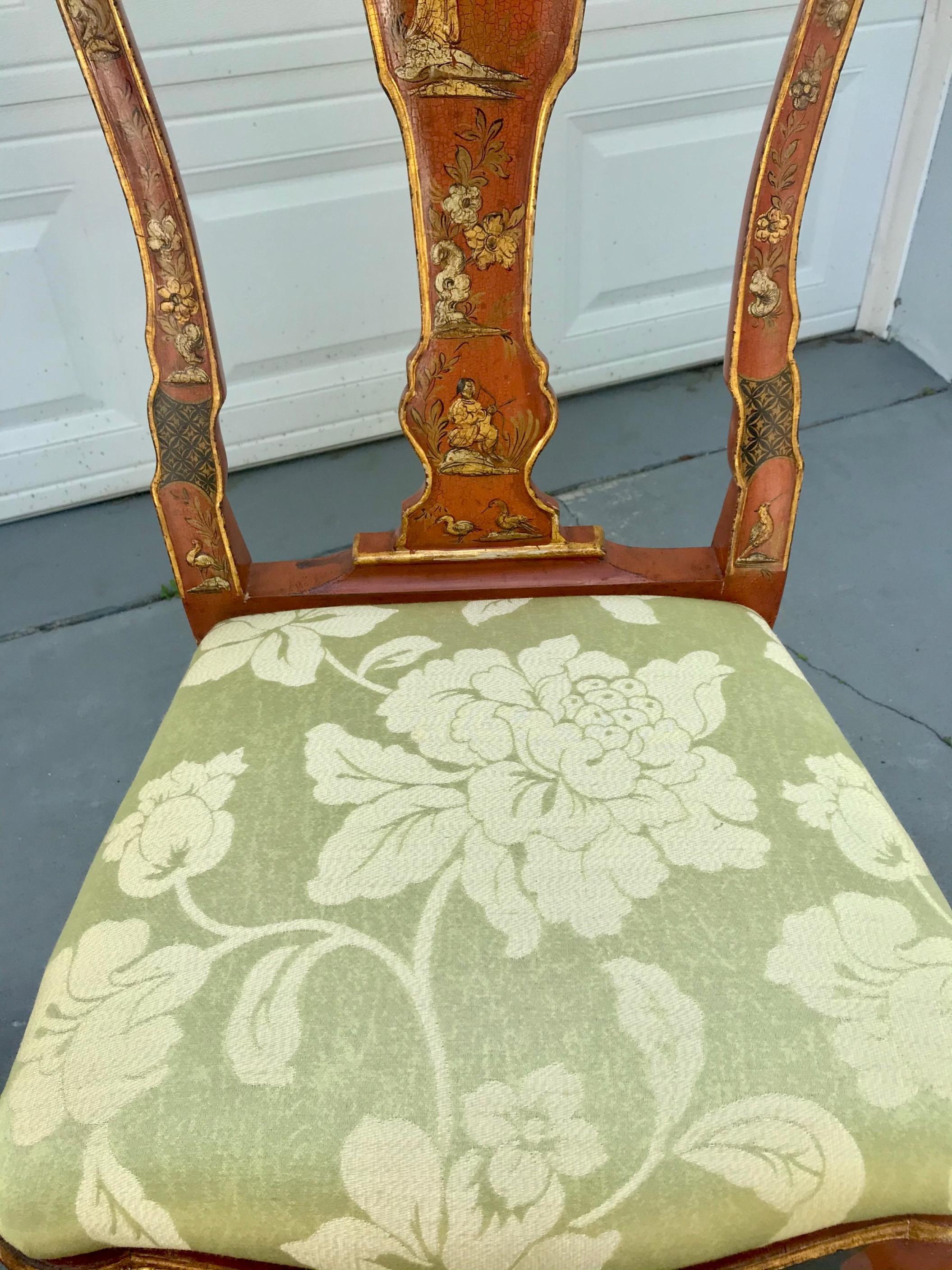 Wood 19th Century English Queen Anne Style Chinoiserie Scarlett Lacquer Side Chair
