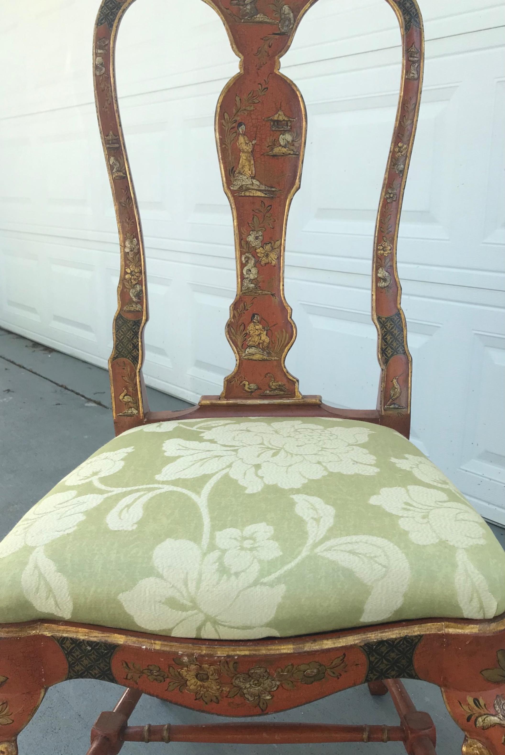 19th Century English Queen Anne Style Chinoiserie Scarlett Lacquer Side Chair 1