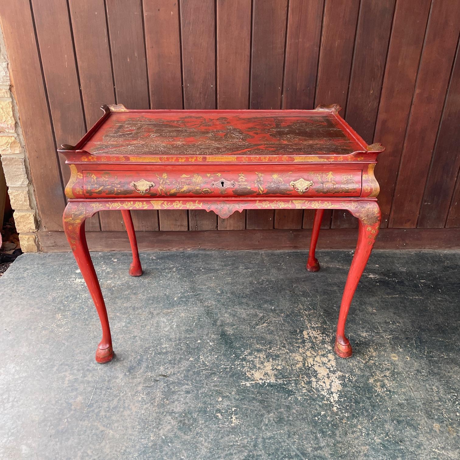 Hand-Crafted 19th Century English Queen Anne Writing Desk Red Lacquered Chinoiserie Japanned For Sale