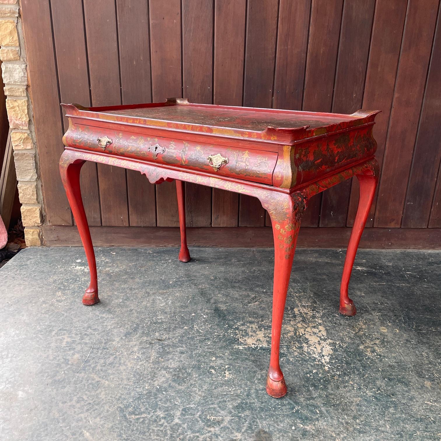 19th Century English Queen Anne Writing Desk Red Lacquered Chinoiserie Japanned In Distressed Condition For Sale In Hyattsville, MD