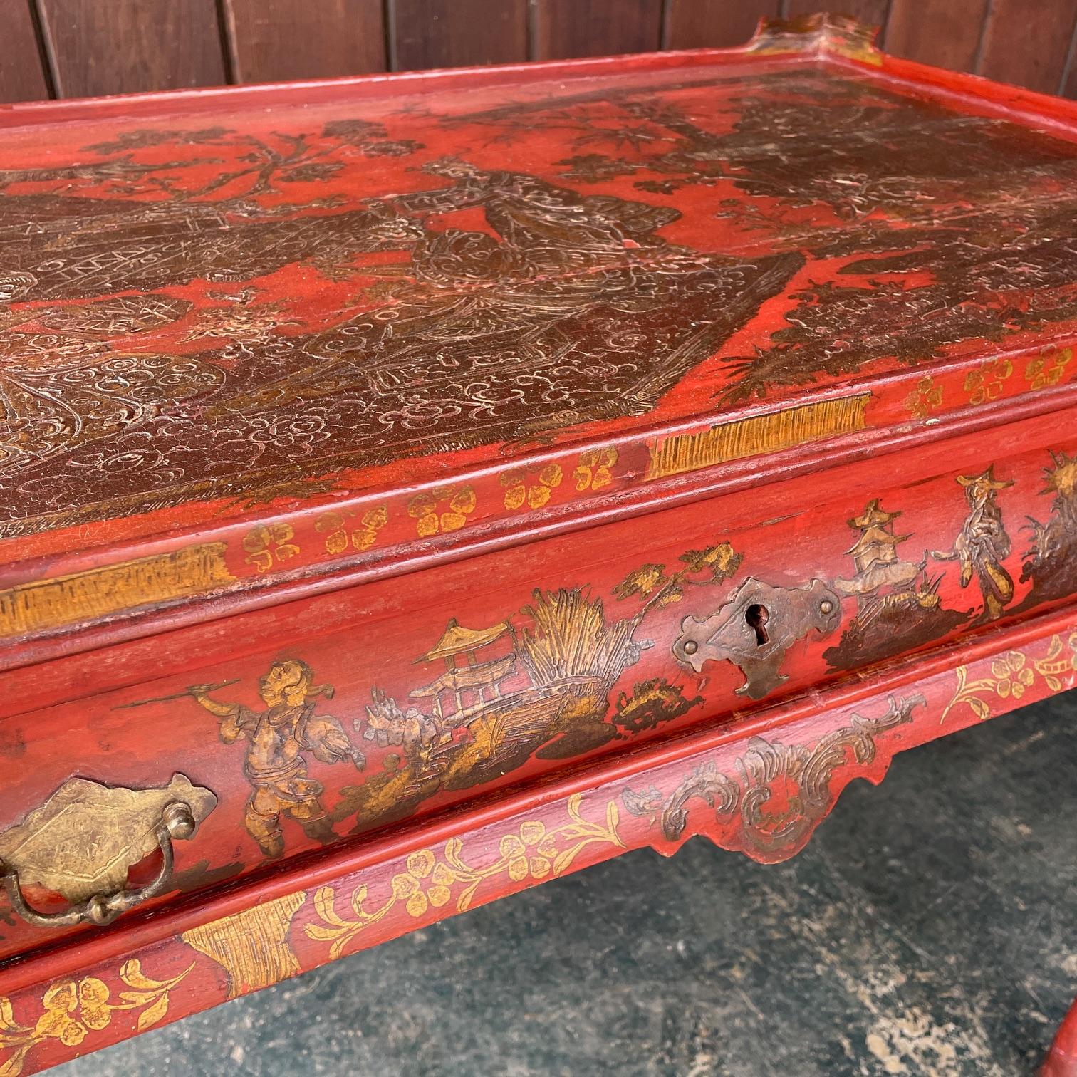 Paint 19th Century English Queen Anne Writing Desk Red Lacquered Chinoiserie Japanned For Sale
