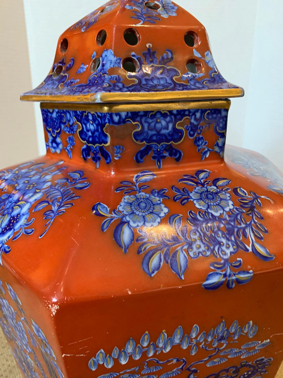 19th Century English Red and Blue Chinoiserie Lidded Potpourri, Foo Dog Finial For Sale 8