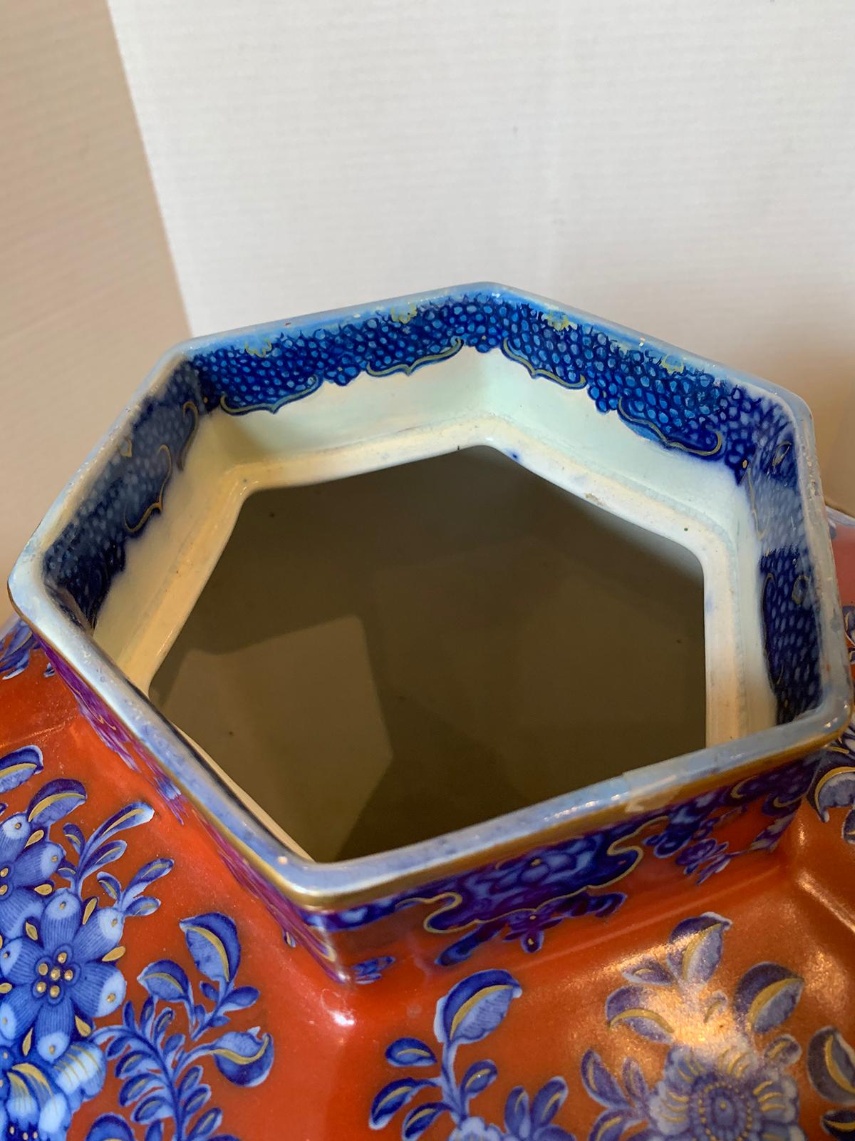 19th Century English Red and Blue Chinoiserie Lidded Potpourri, Foo Dog Finial For Sale 10